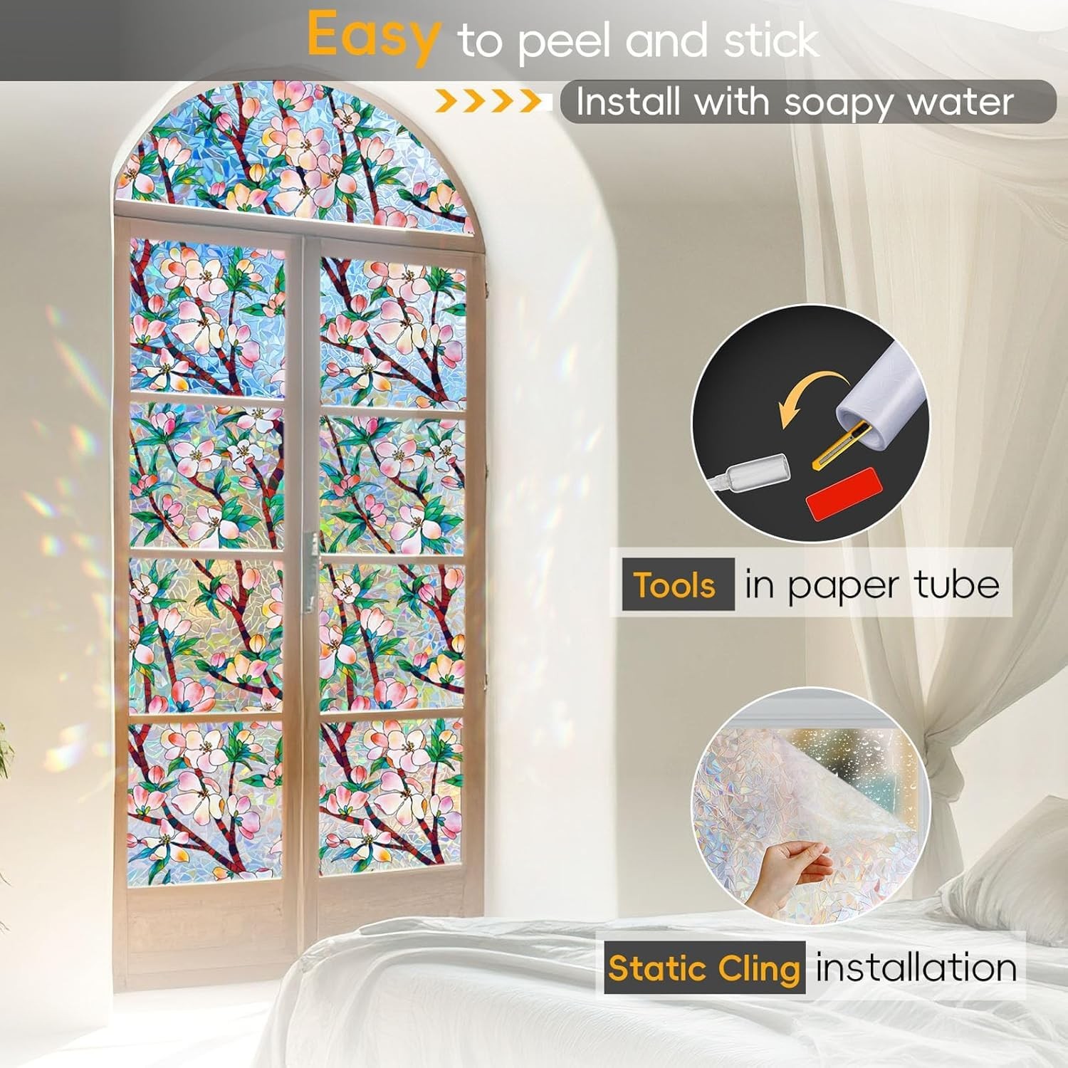 Rainbow Privacy Window Film, 3D Stained Glass Decals, Static 17.5 x 78.74 inches
