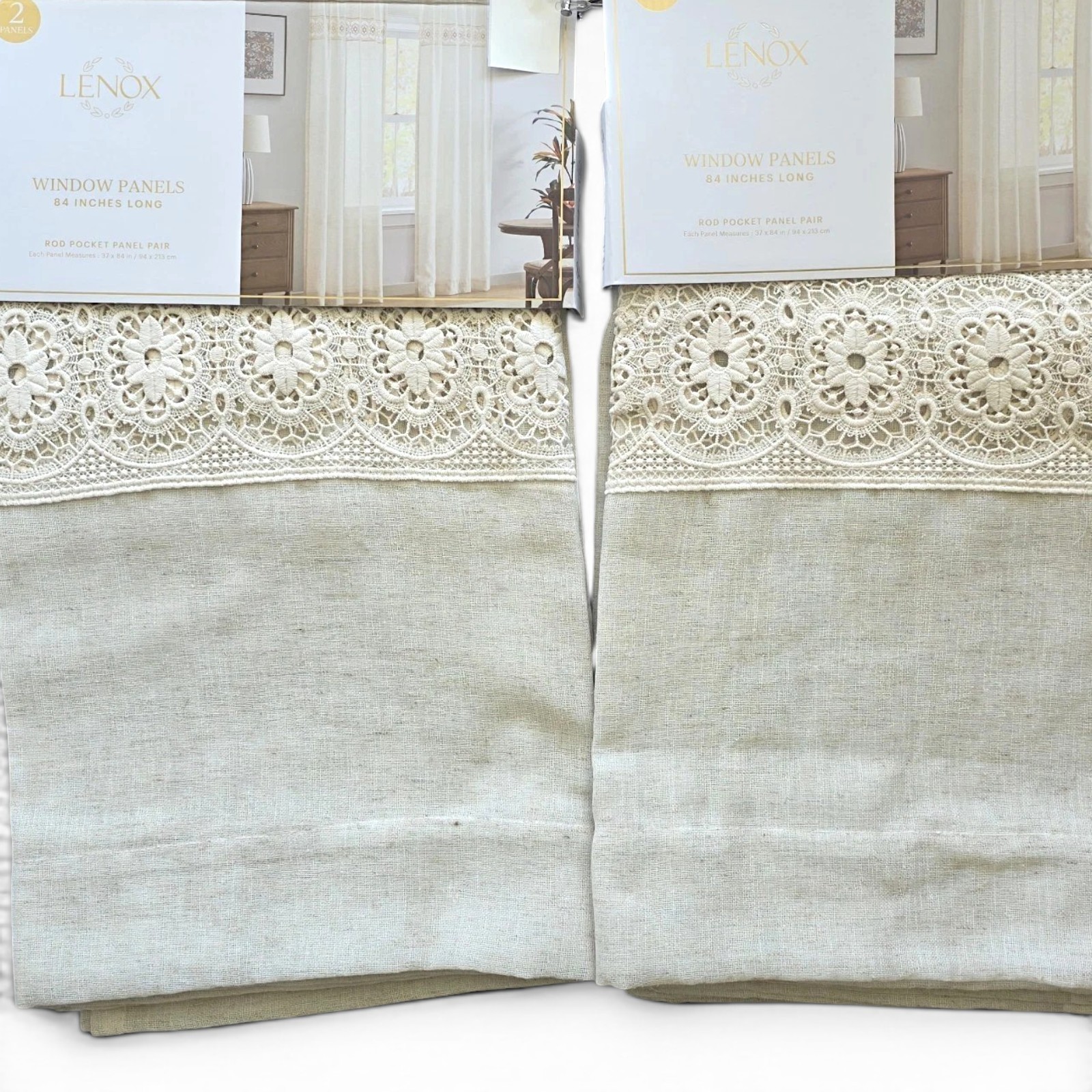 NEW Lenox Set of 4 Crochet Lace Curtains 37×84 Flax Neutral Window Panels