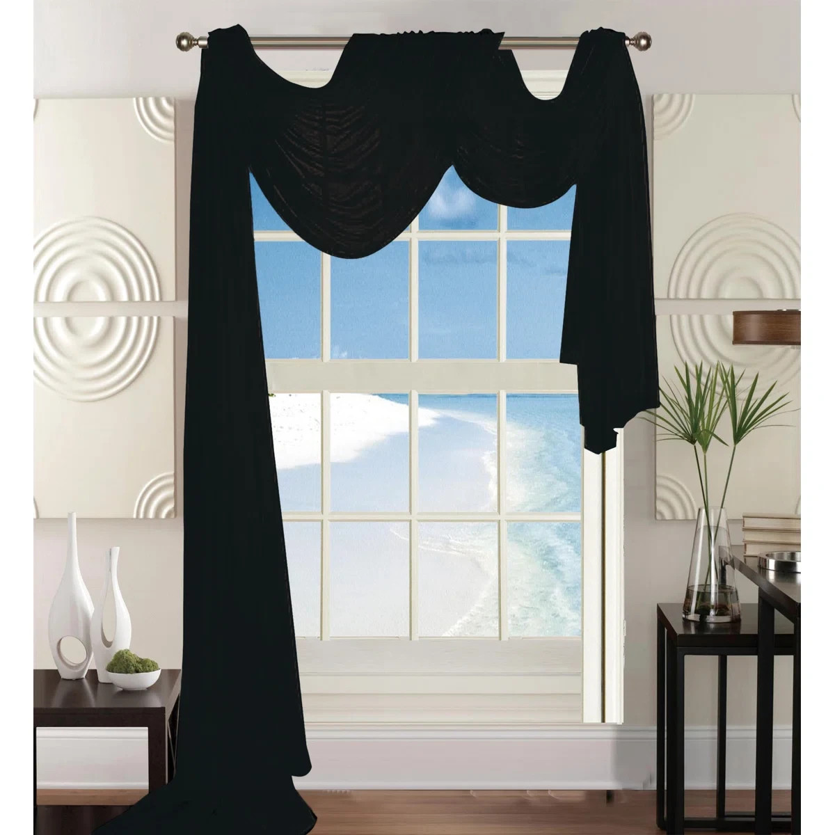 Navy Blue Lightweight Window Scarf Valance Drape Jacquard Damask Indigo Curtain