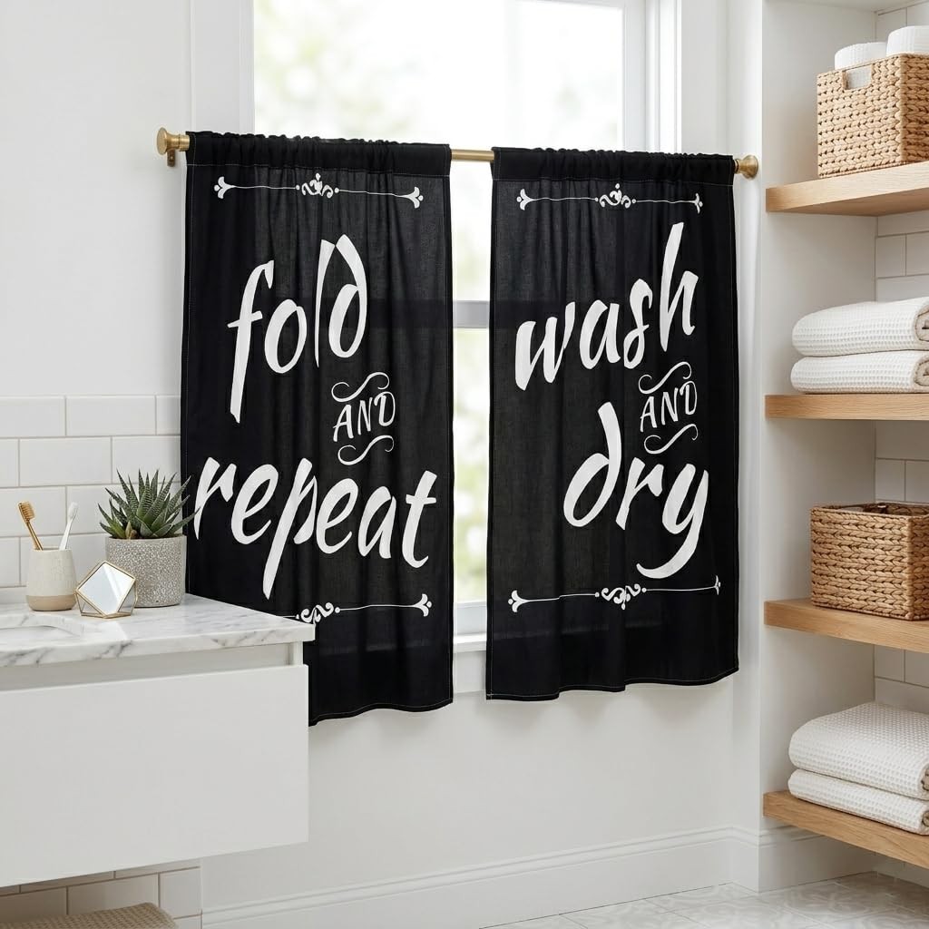 Black Laundry Room Curtains with Funny Sayings, Minimalist Trendy Wash Dry Fo…