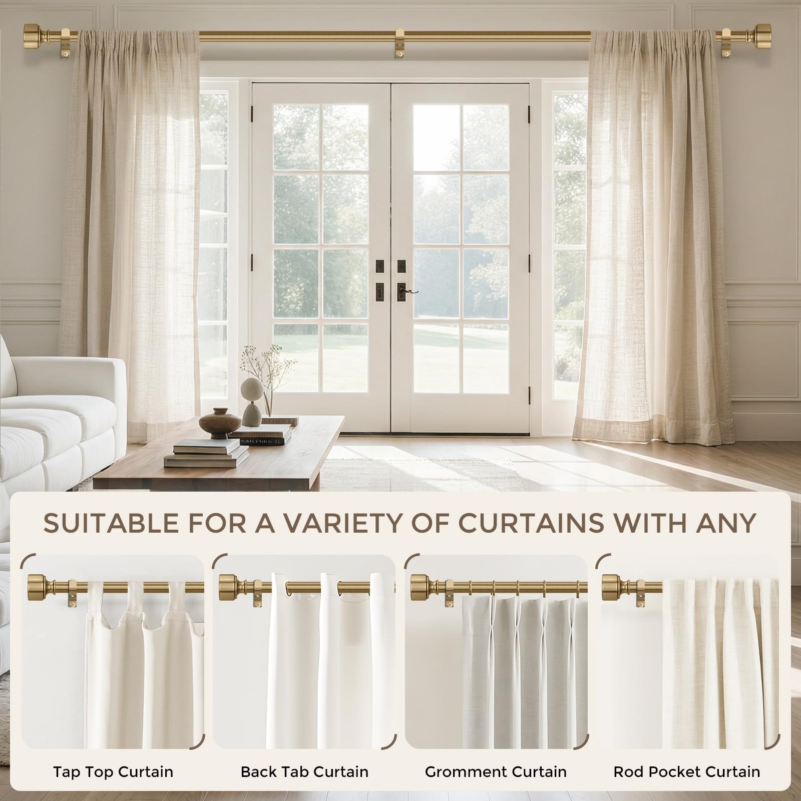 2 Pack Warm Gold Curtain Rods for Windows 48 to 84 Inch, Heavy Duty Brass Cur…
