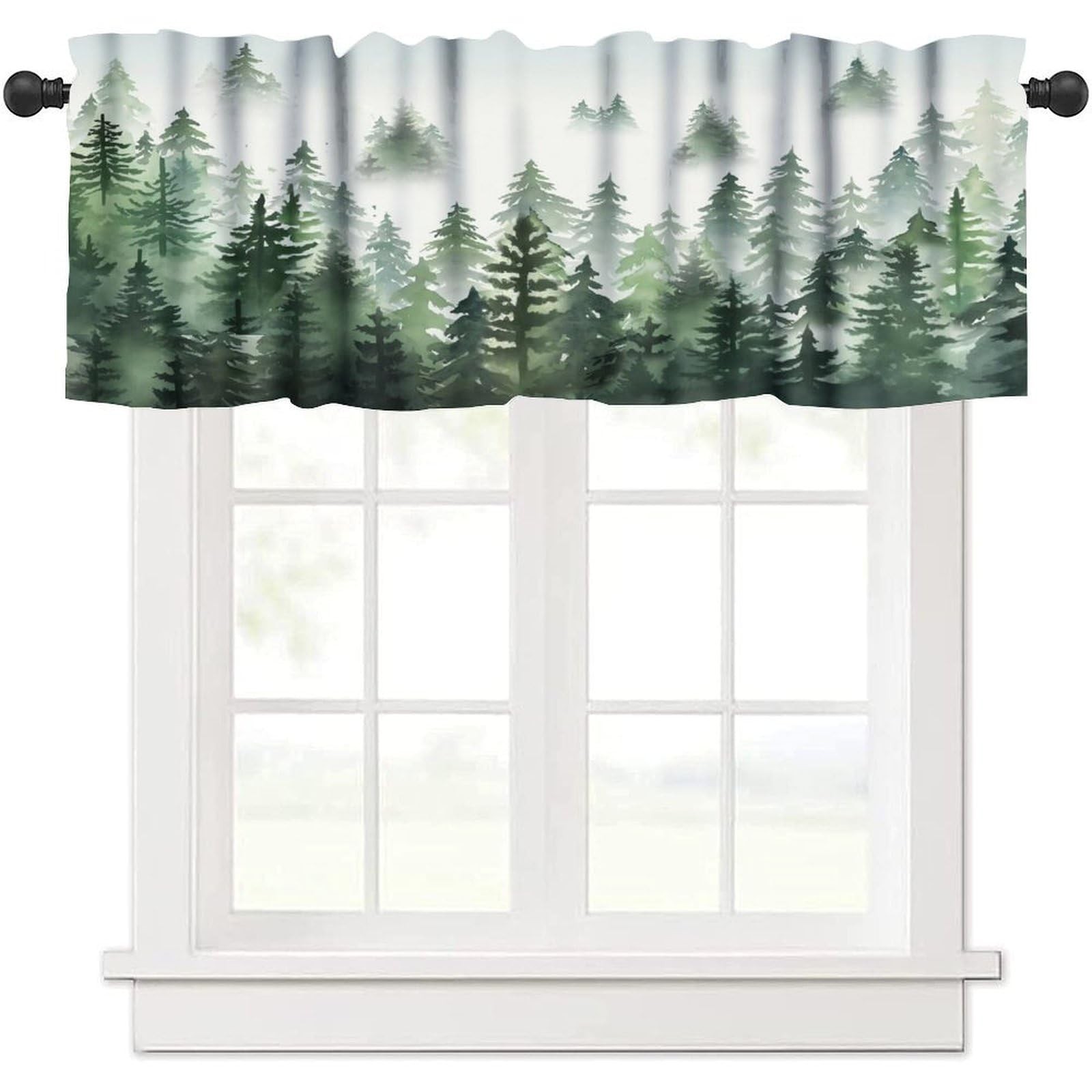 Watercolor Nature Green Misty Forest Tree Landscape Window Valance 54×18 Inch