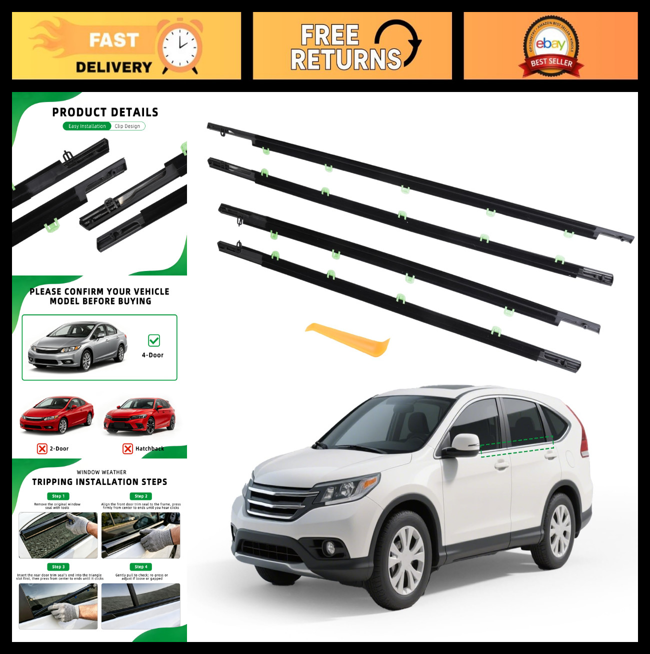 Car Window Weather Stripping Seal for 4-Door SUV, Fits Honda CR-V 2012-2016
