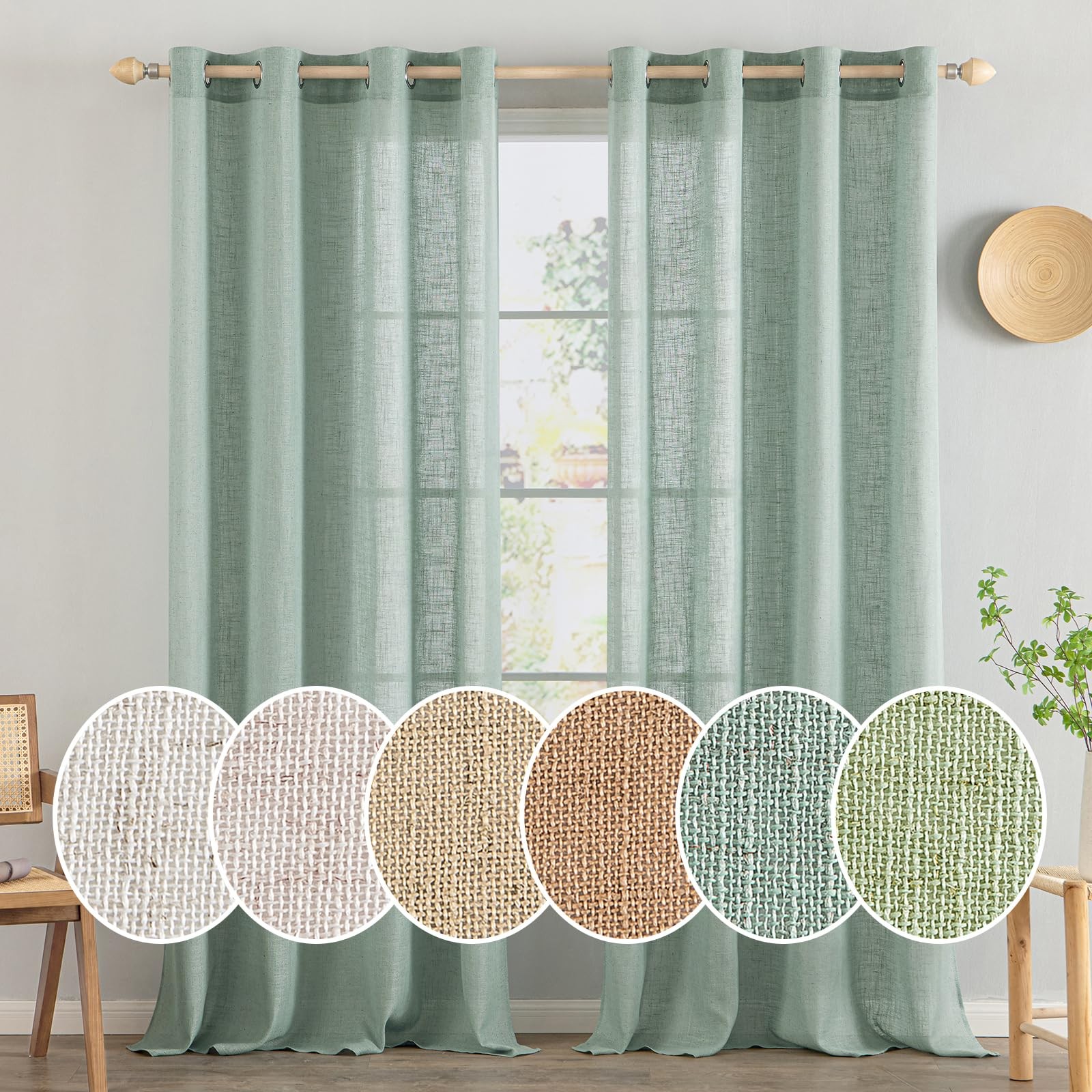 Aqua Linen Curtains 96 Inch Long for Bedroom Living Room, Soft Thick Linen Te…