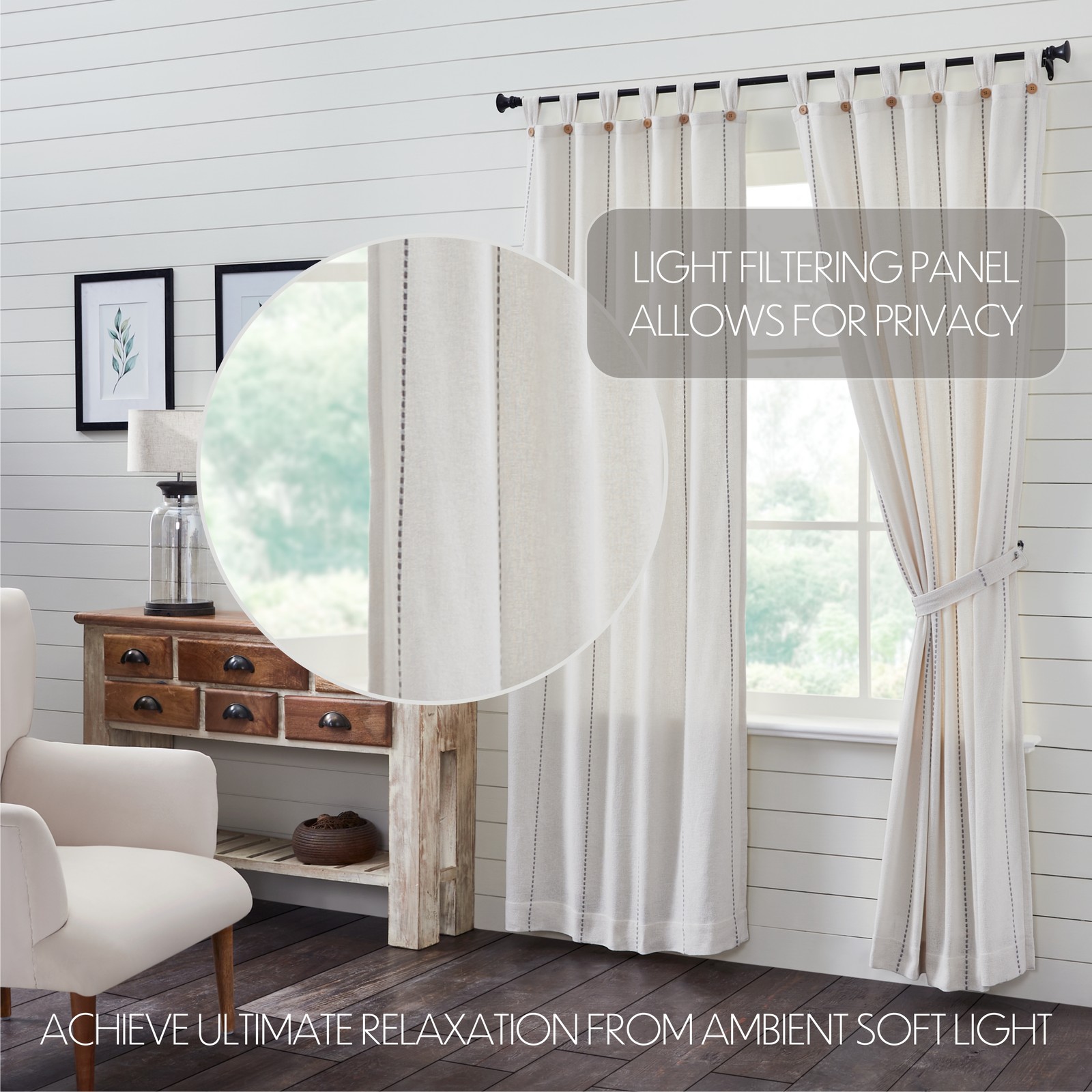 Farmhouse 84″x40″ Panel Pair White Tab Top Stitched Window Curtains VHC Brands