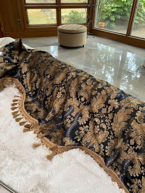 Penney Chris Madden Swag Valance Black Gold Floral Curtain Beads Tassels 78″