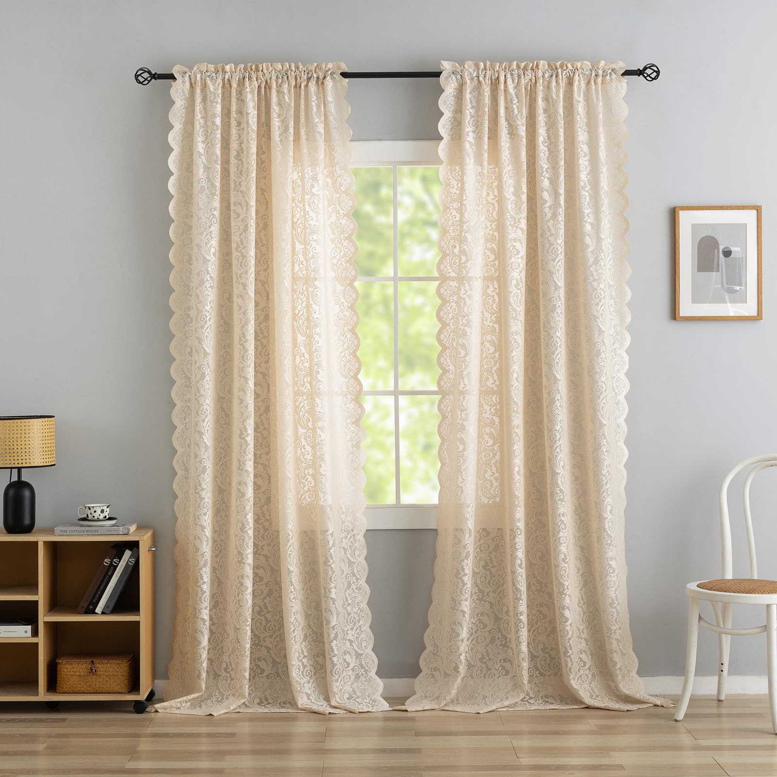 ALIGOGO Lace Beige Boho Curtains 96 Inches Long Set of 2 – Shabby Chic Semi S…