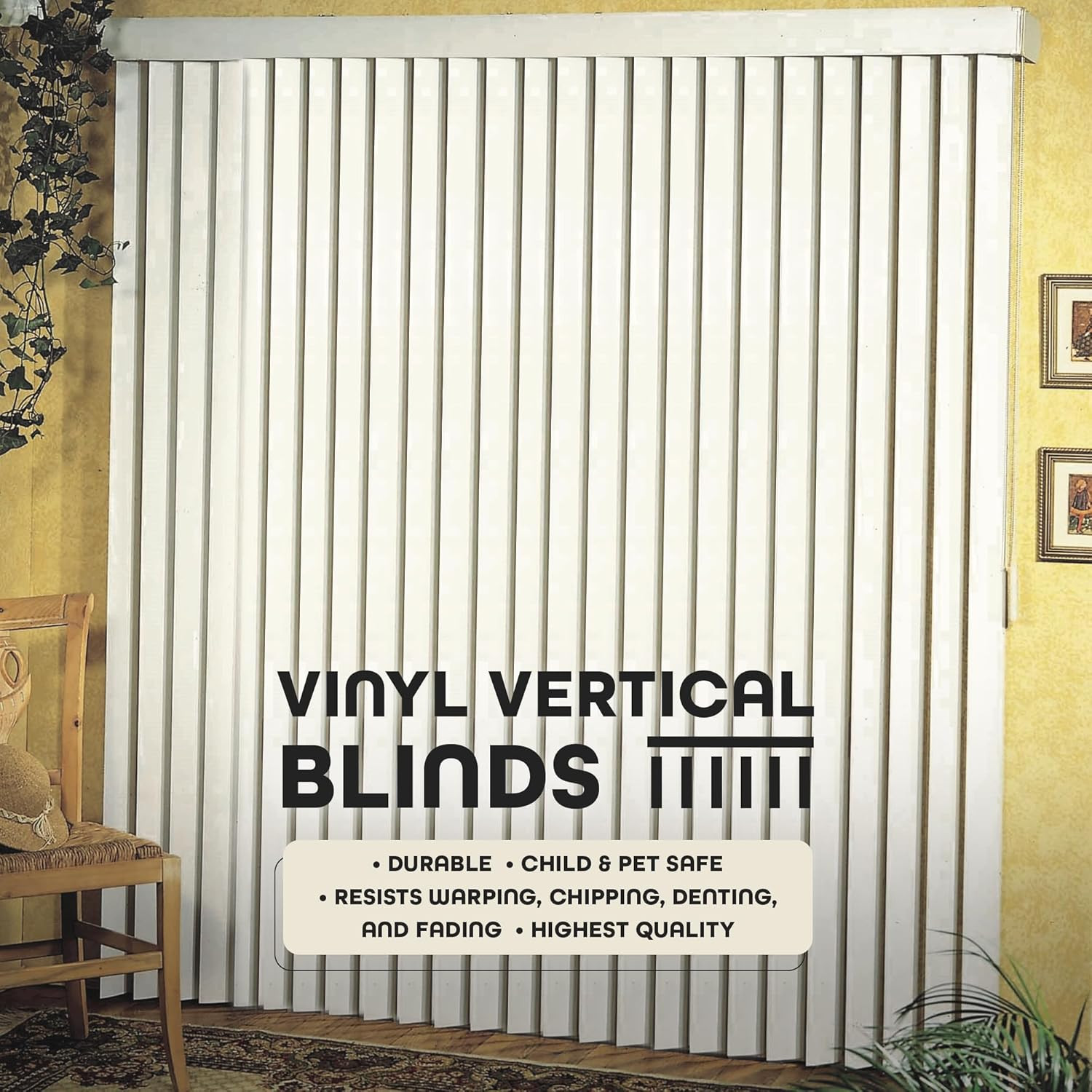 Vertical Hard Window Patio Blinds – White, 84″ L X 78″ W Plain & 3-1/2-Inch Vane