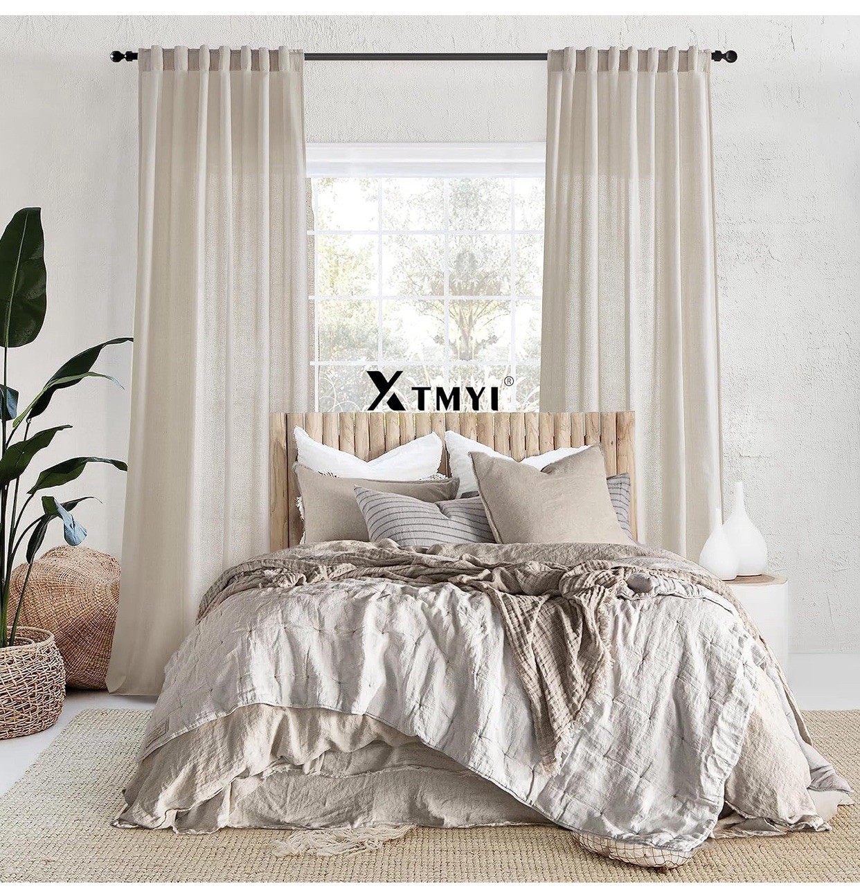 XTMYI Oatmeal Beige Back Tab/Hook Belt Linen Cotton Curtains 120”L(2 Panels set)
