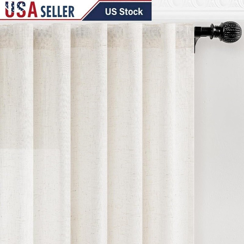 Premium Linen Curtains Semi-Sheer Ready-to-Hang W/ Dual-Rod Pocket 2 Panels New