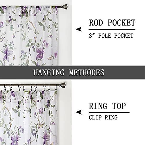 Floral Short Sheer Tier Curtains Cherry Flower Butterfly 30″W x 24″L Purple