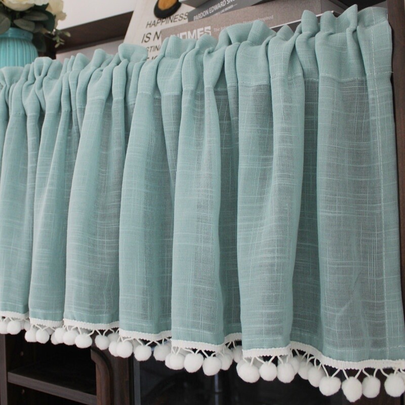 Ruffled Cafe Curtain Pompoms Balls Trim Home Kitchen Half Curtains Village Decor