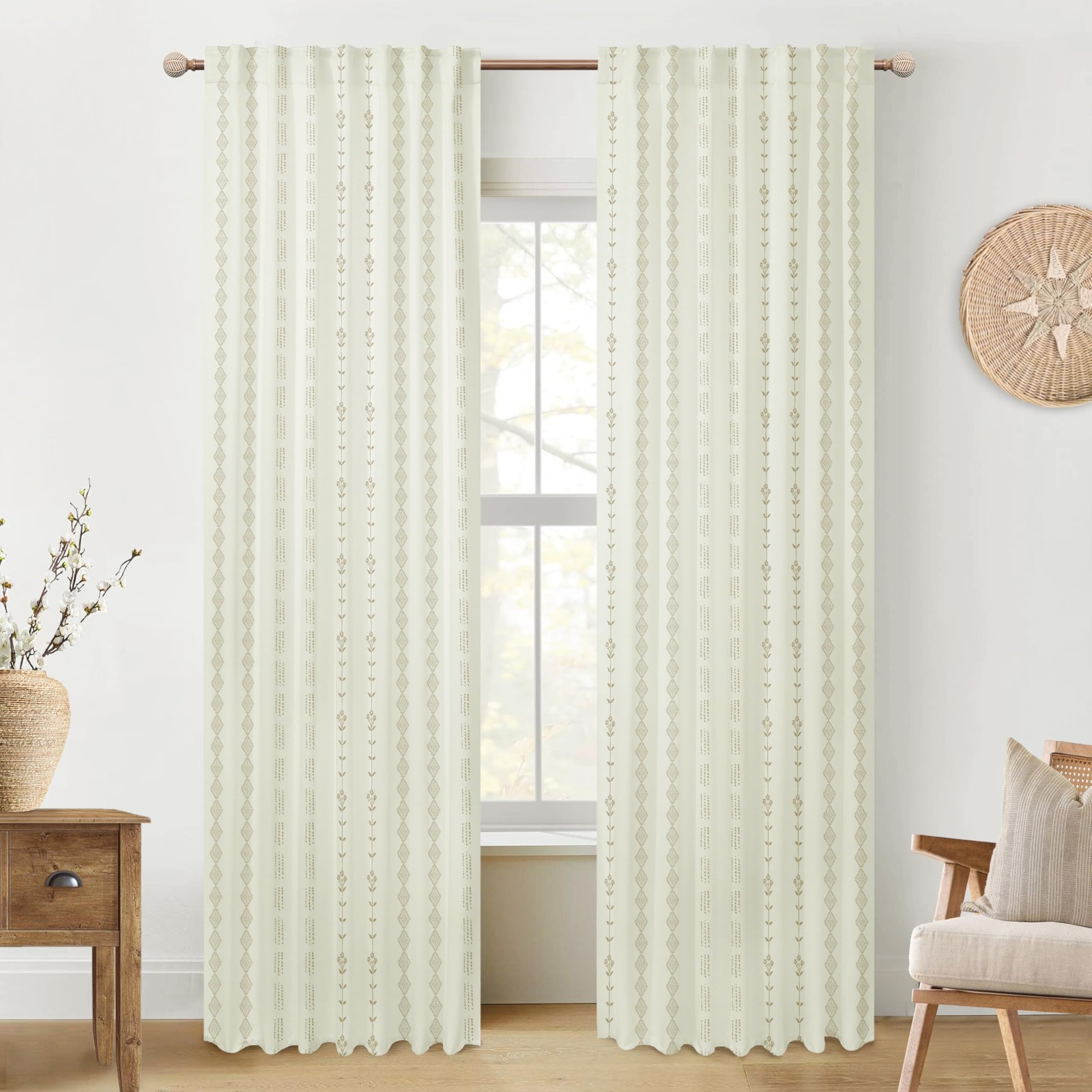 Lino Rosa Neutral Textured Look Farmhouse Curtains Cream Base Soft Tan Vertical