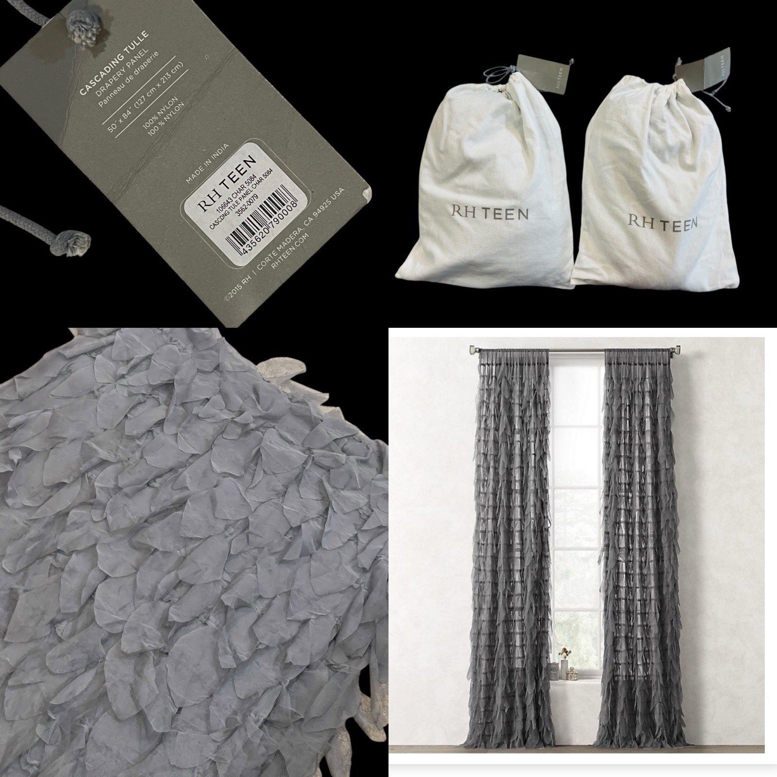 Restoration Hardware Baby & Teen CASCADING TULLE DRAPERY PANELS Charcoal W/Tags!