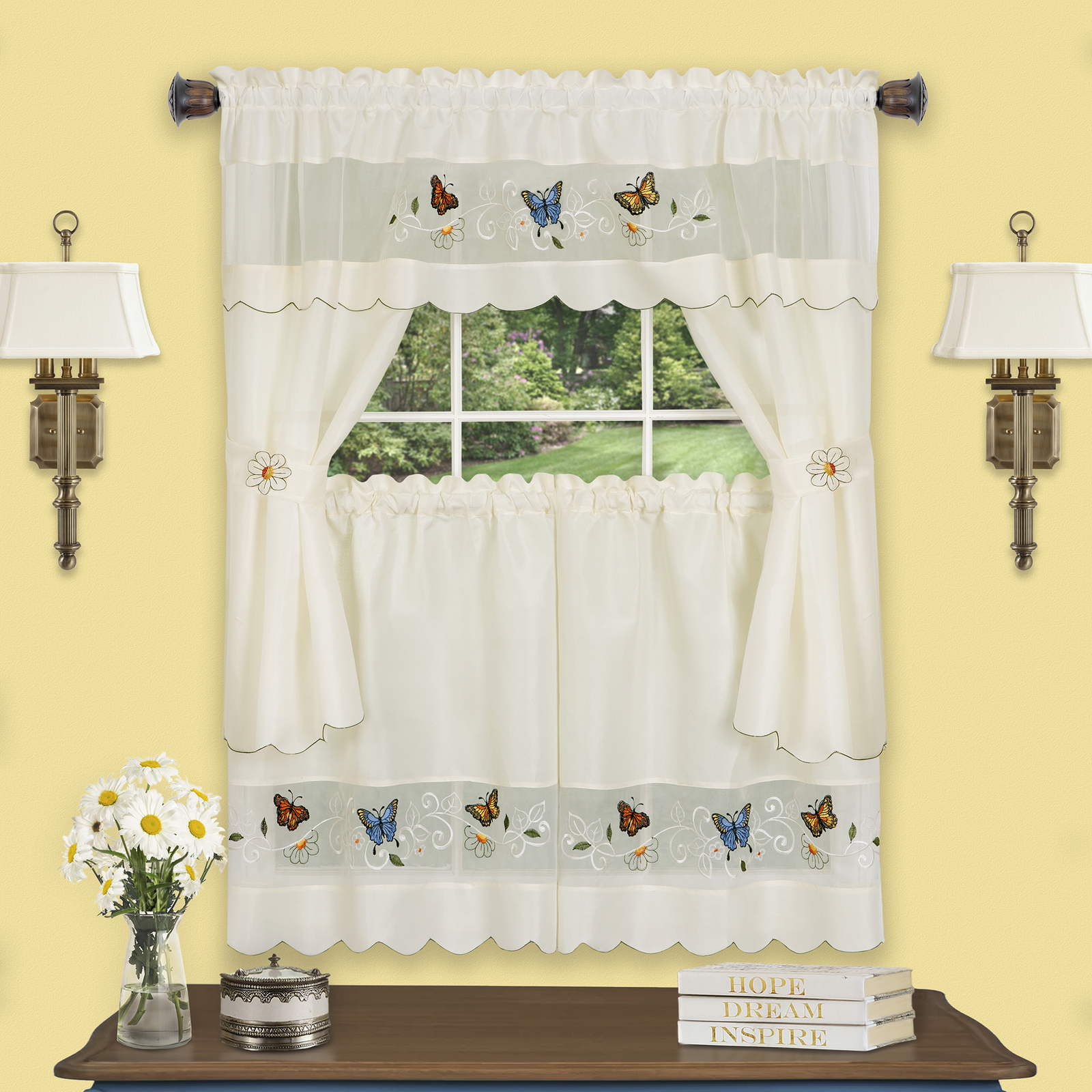 PowerSellerUSA 5-Piece Embellished Tailored Kitchen Curtains Set, Cafe Curtains