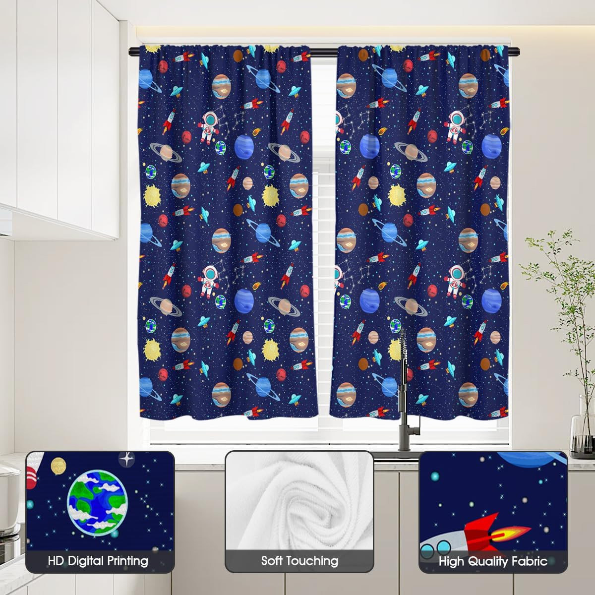 Space Kitchen Curtains Outer Kid Boys Astronaut Galaxy Universe Gamer Blue Small