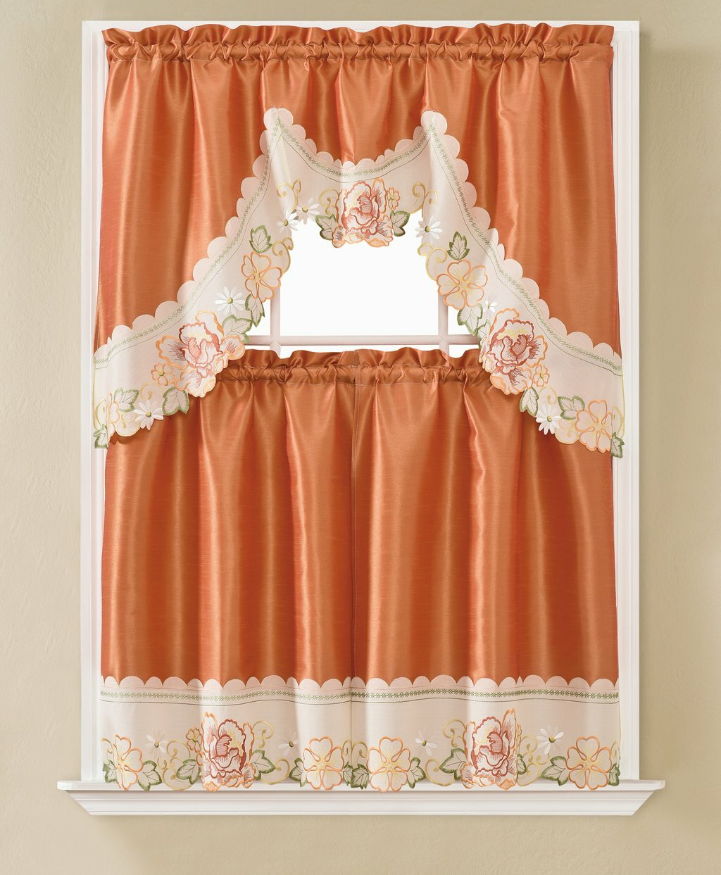 3pc. Embroidery Curtains Set:2 Tiers & Swag, ORANGE & YELLOW FLOWERS,VANESSA, ST