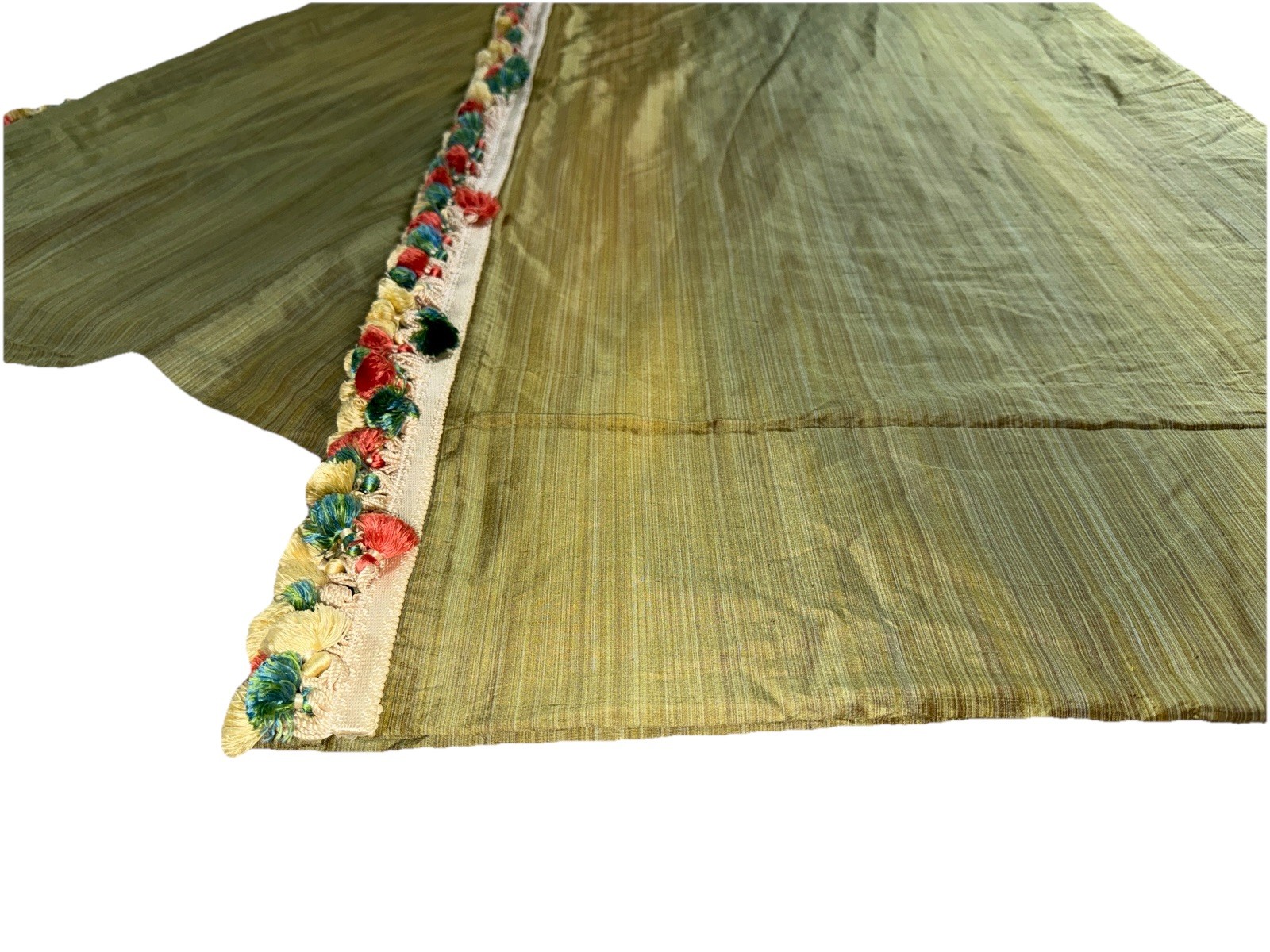 Single Stunning Silk Curtain Panel Green Double Lined 106 Long Poms Border Trim