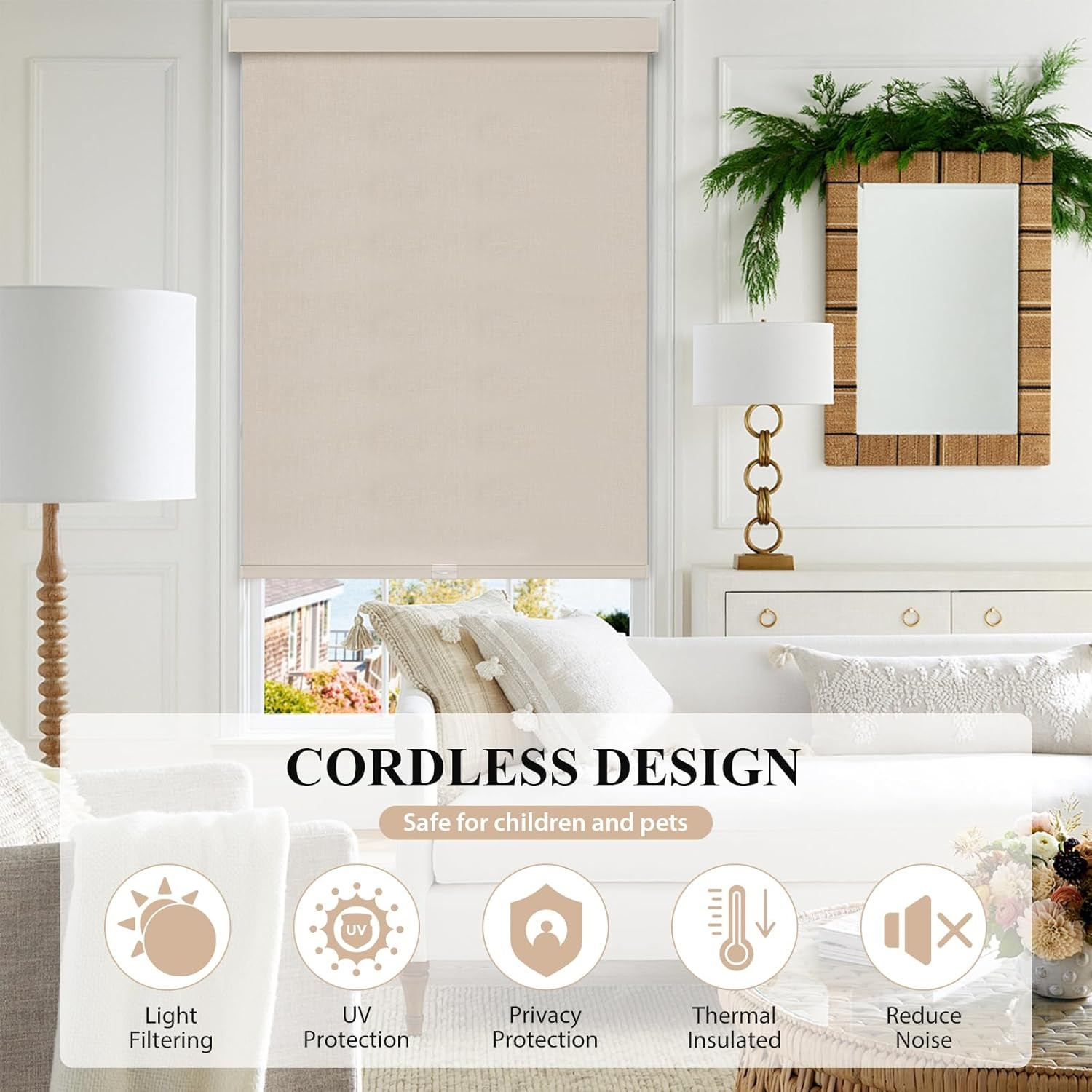 Beige Cordless Blackout Roller Shades with Valance, 36″ W x 72″ H