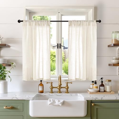 Linen Curtains 36 Inch Length for Kitchen 30″W x 36″L (Pack of 2) Light Beige