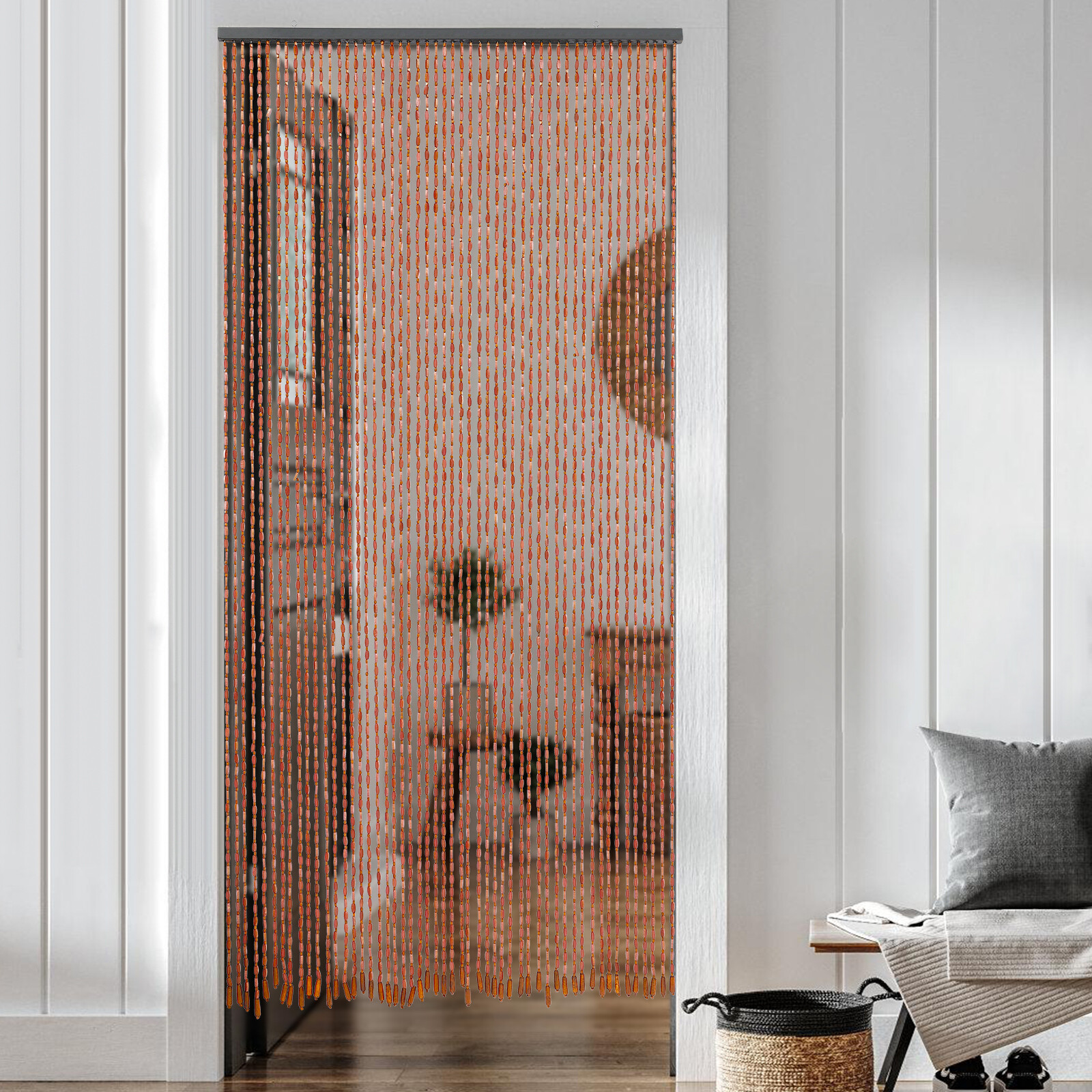 Wood Beaded Curtain and Bamboo 52 Line Wave Dense Fringe Beaded Door 90 x 200 cm