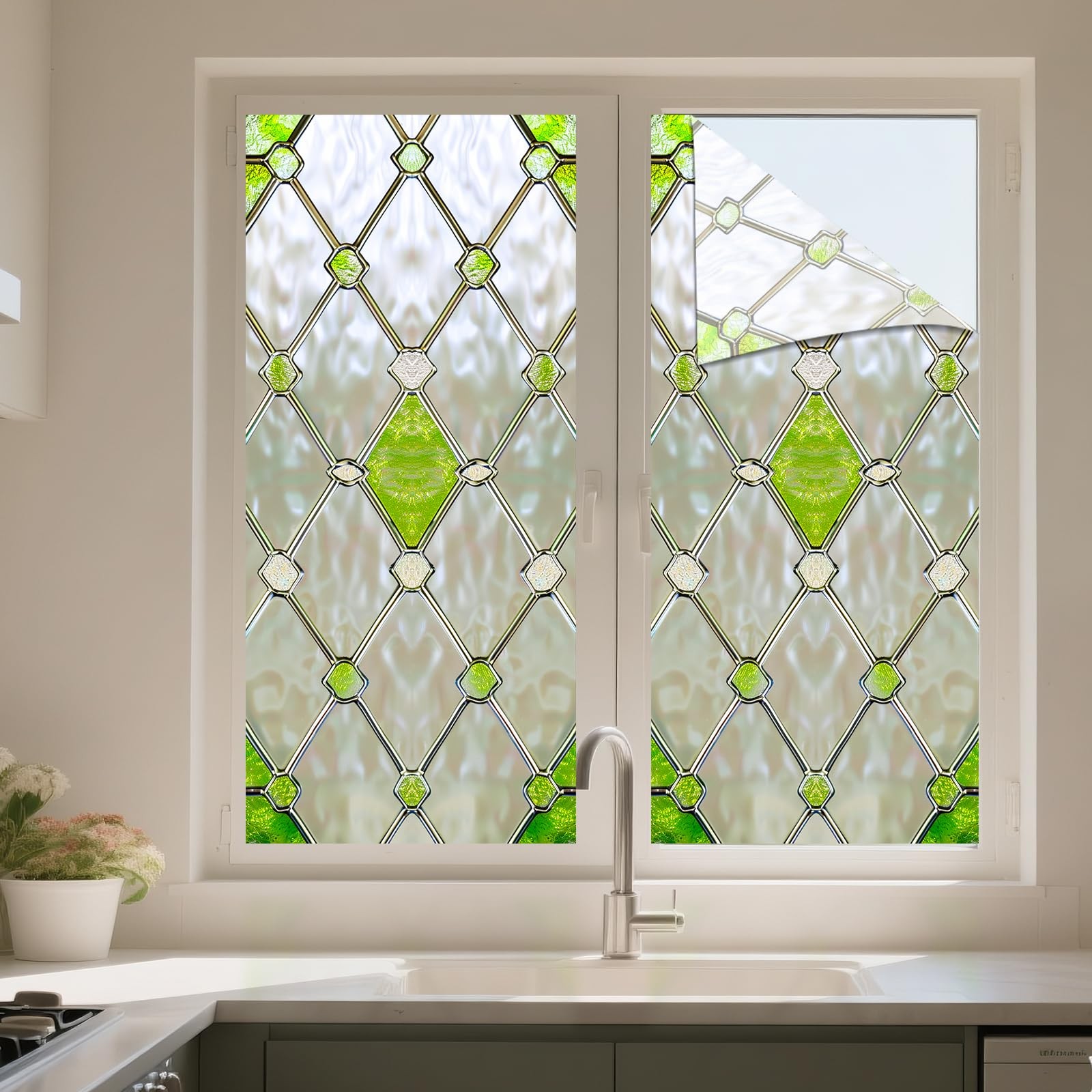 Privacy Window Film Stained Glass Window Green Diamond Net Decorative