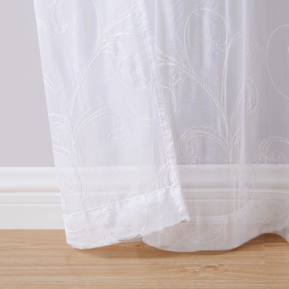 Embroidered Scroll Rod Pocket Sheer Single Curtain Panel, White, 38″ x 63″