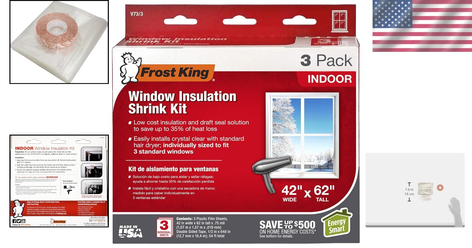 V73/3H Shrink Window Insulation Kit, Indoor, 42 x 62 in, 3 pack