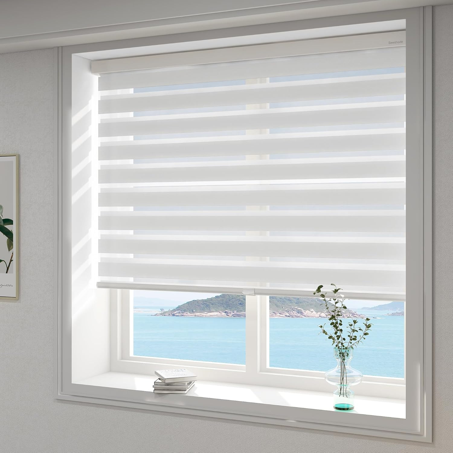 Cordless Zebra Blinds 35″ W x 72″ H – Custom Dual Layer Roller Shades White