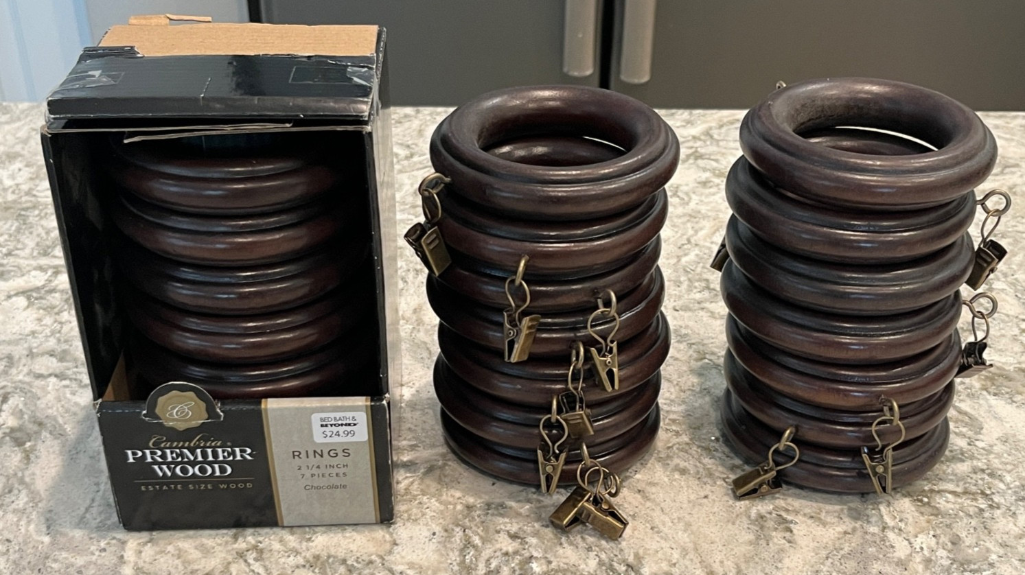 Set of 21 – Cambria Premier Solid Wood Curtain Clip Rings 2 1/4″ inner 4″ outer