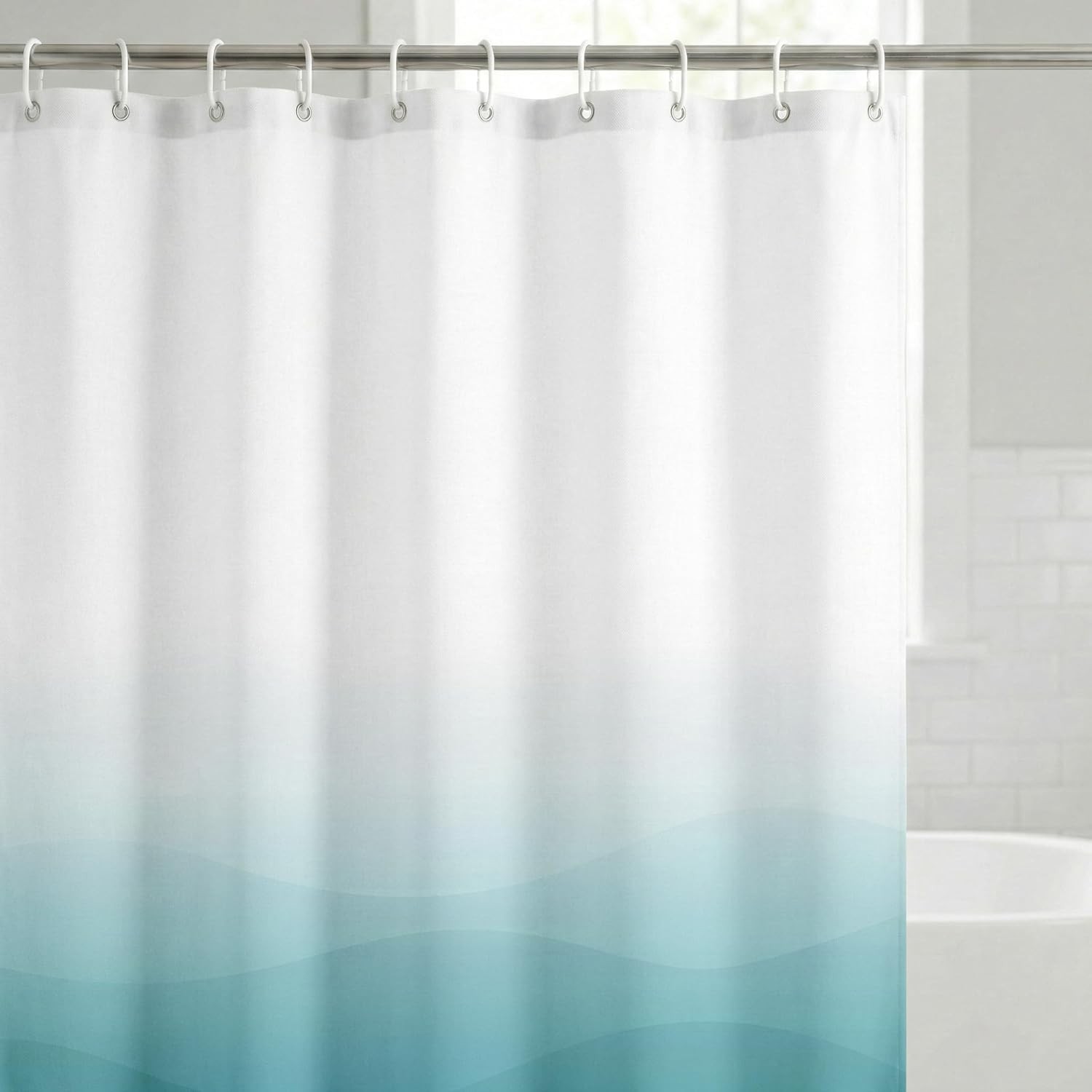 71×74 Wave Blue Ombre Shower Curtain – Water-Resistant Long Shower Curtain with