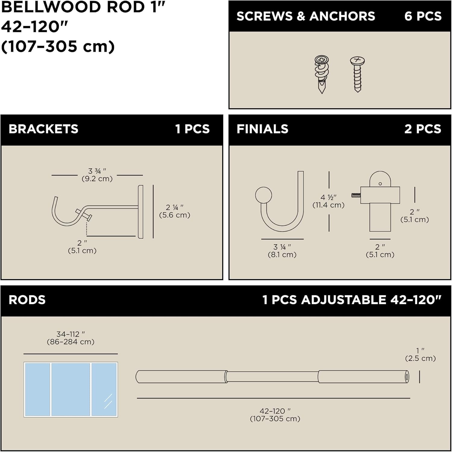 Adjustable Bellwood Curtain Rod Set with Finials & Mounting Hardware, White/Natu