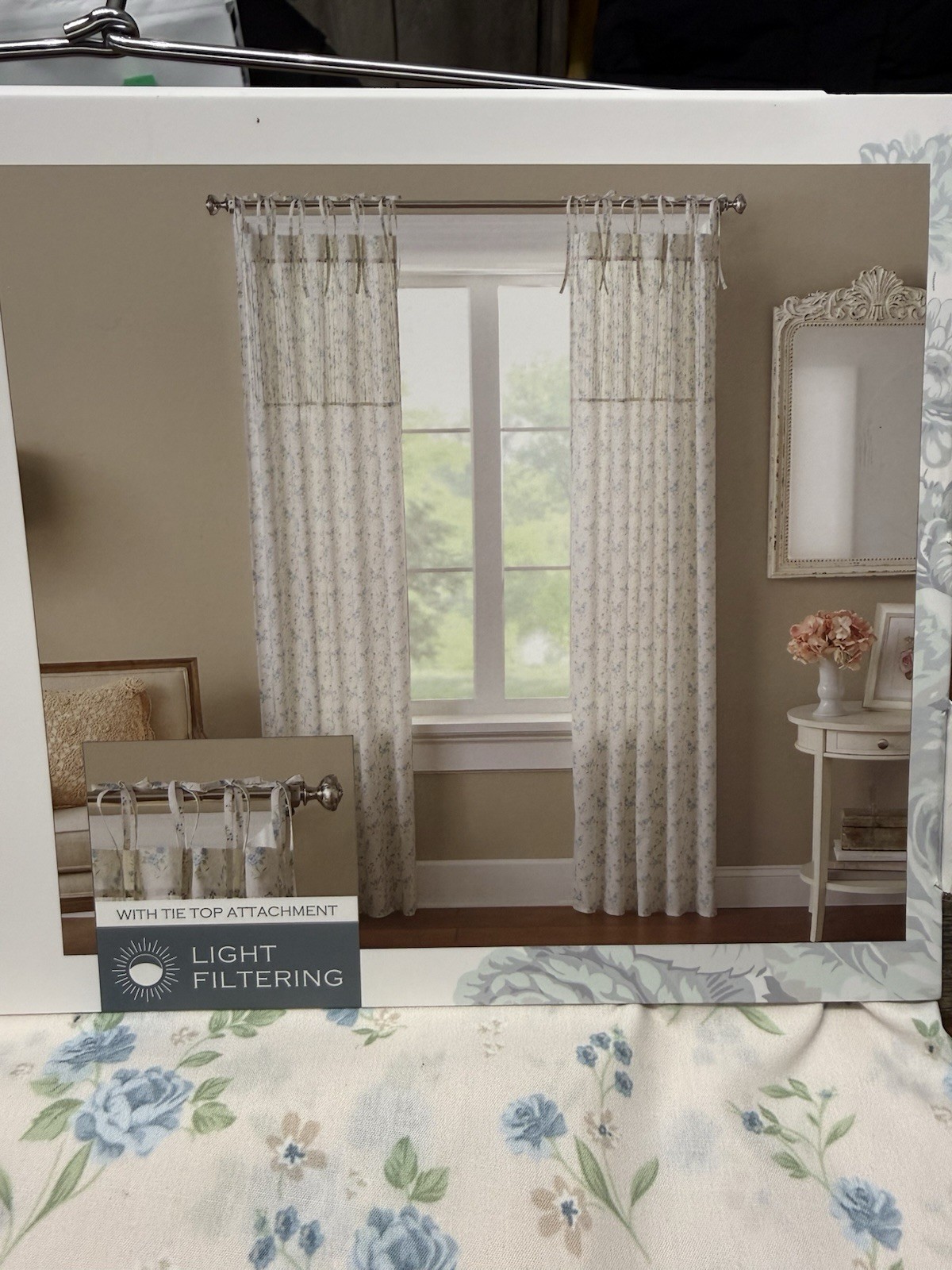 Shabby Chic Set Of 2 Floral Window Curtains Blue Rose Light Filtering 37”x84”