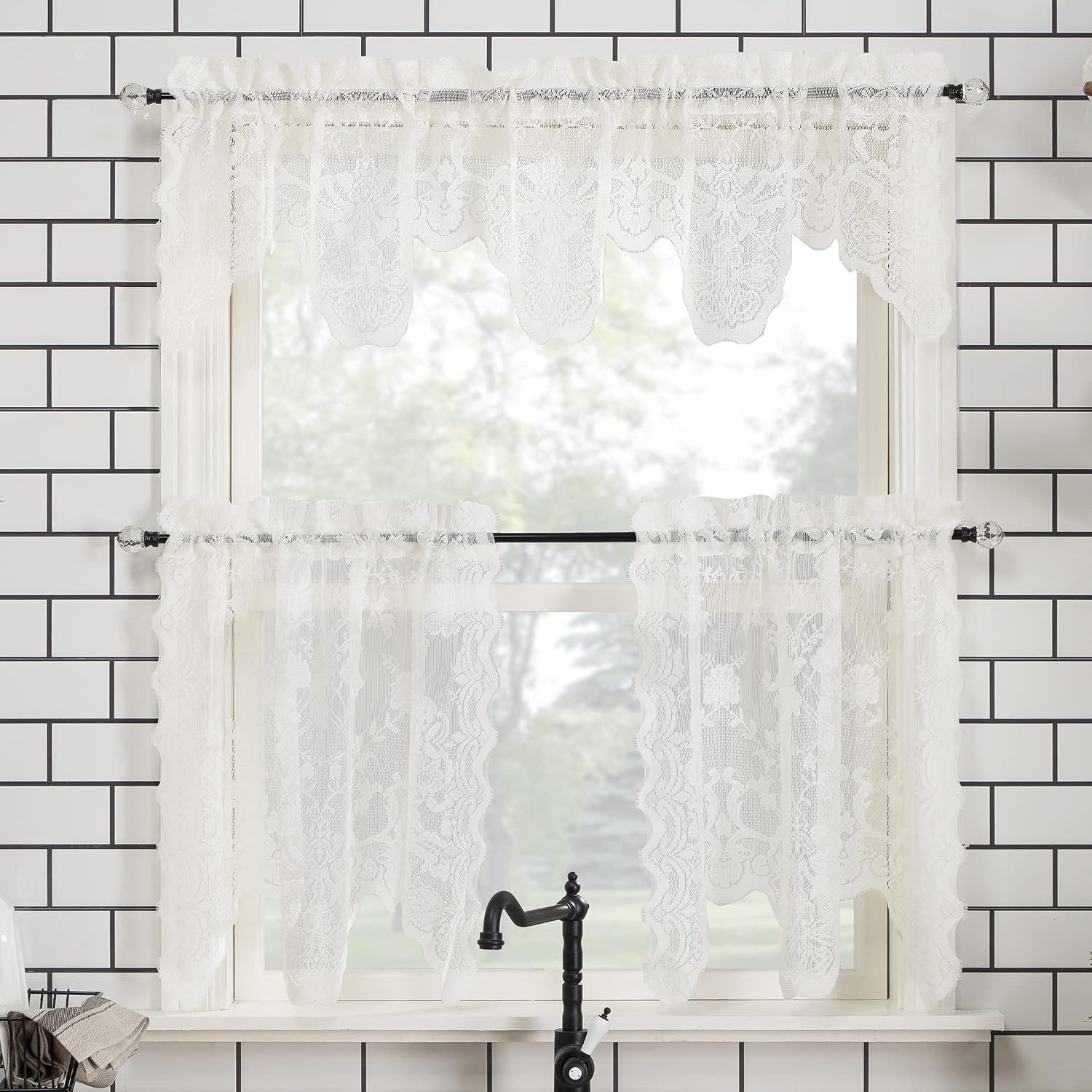 Ivory Floral Lace Sheer Curtain Pair, 58″ x 36″, Light Filtering Kitchen Drapes