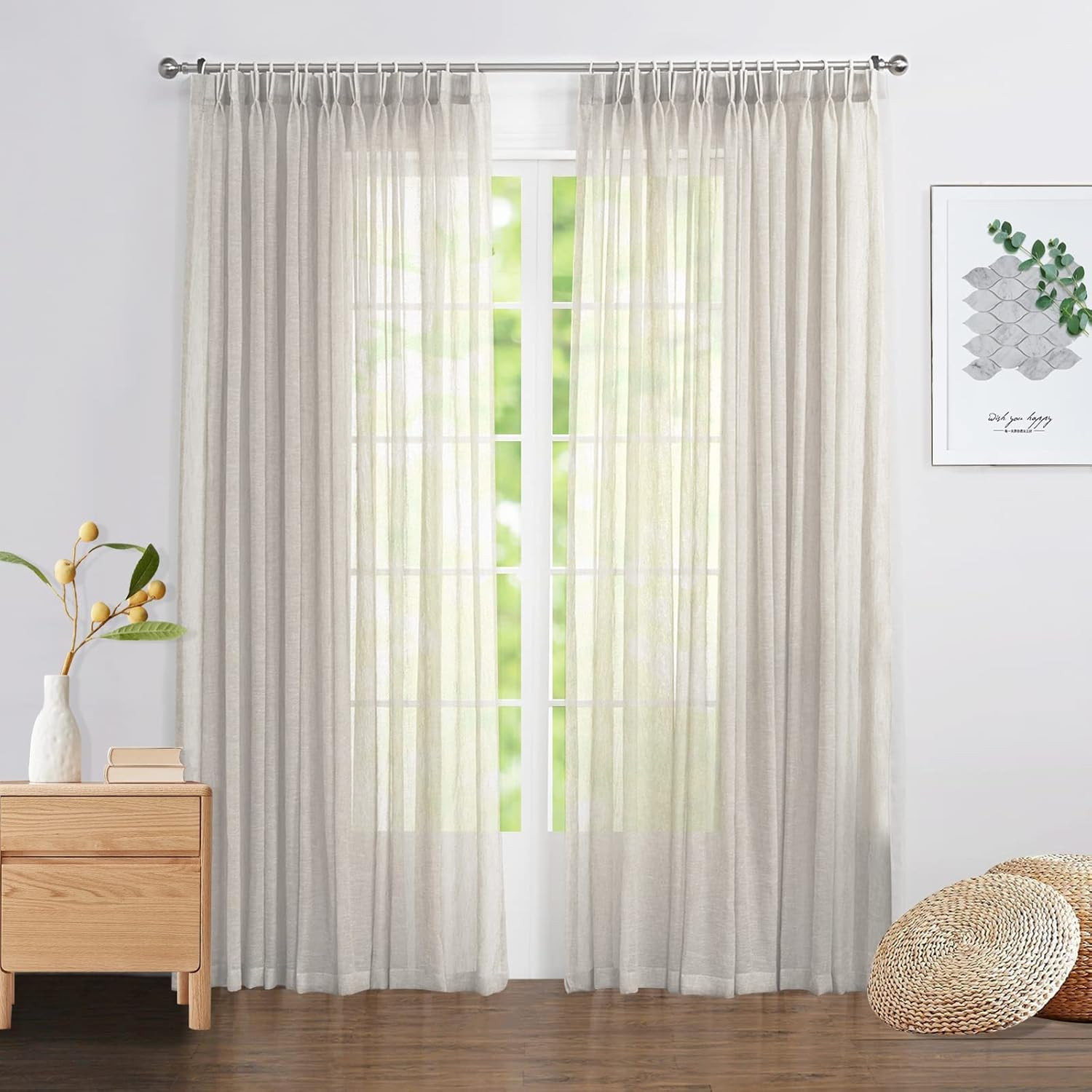 Faux Linen Sheer Curtains 84″ Long, Set of 2, Camel, 42″W for Home & Office
