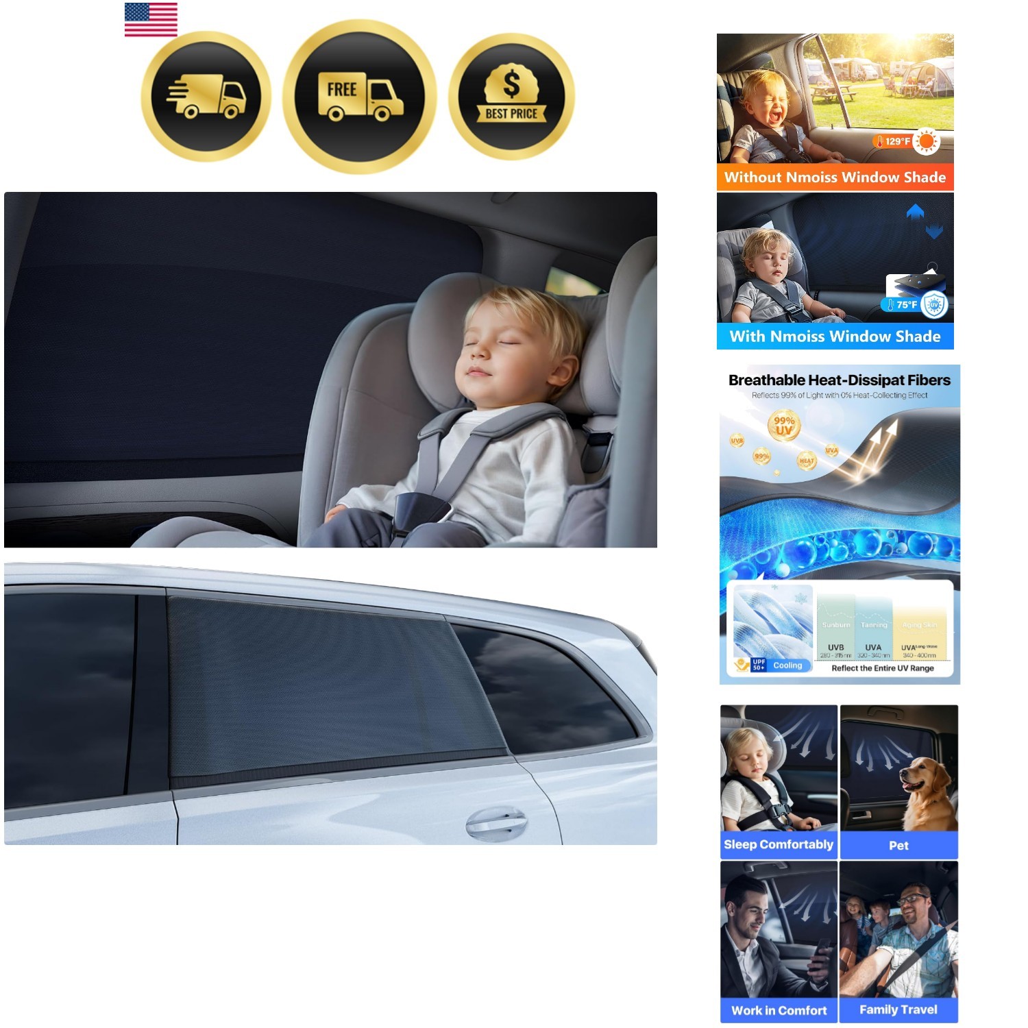 Car Window Shades for Baby[Ice Crystal Cooling Layer]2 Pack UV-Blocker Cling …