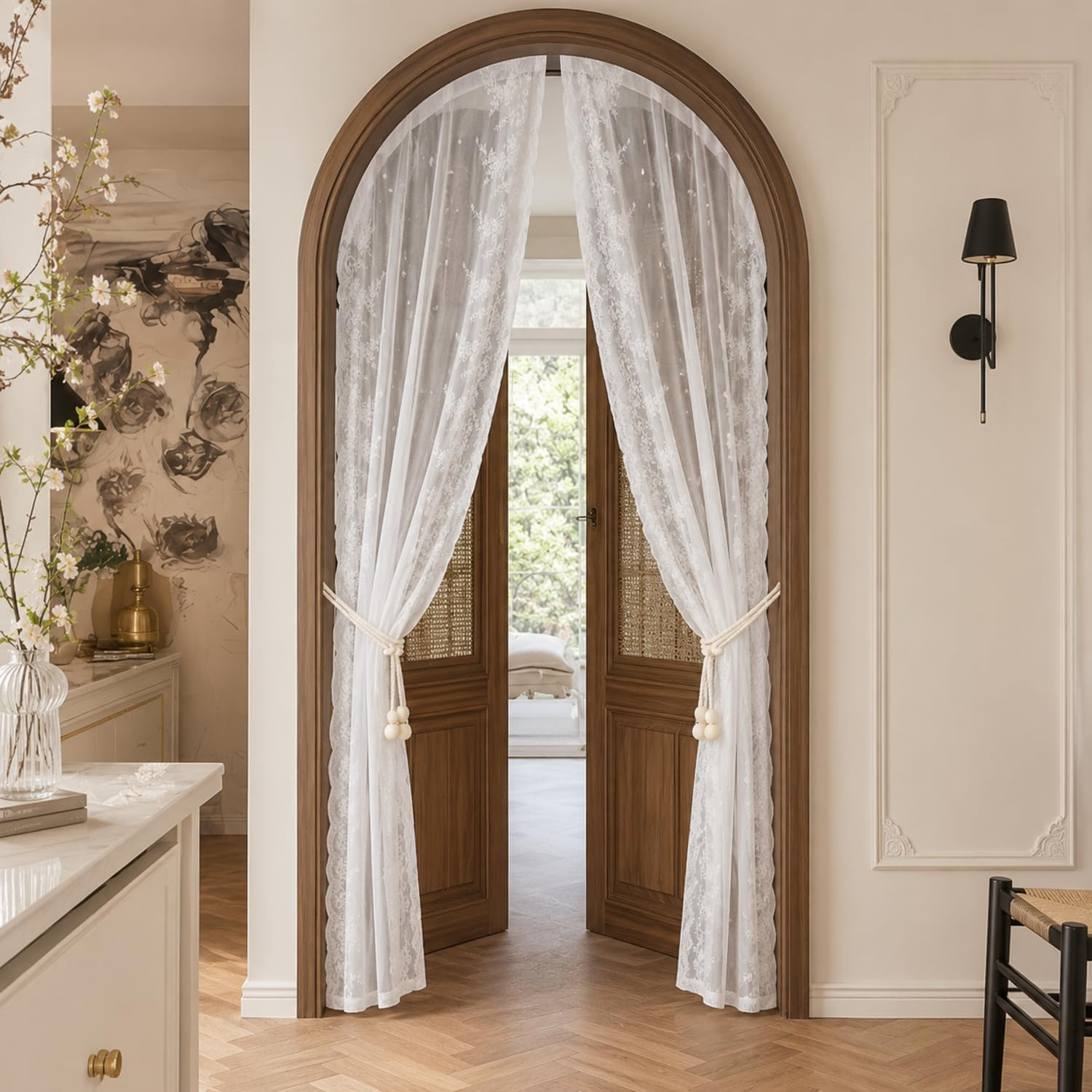 2 Pcs Self Adhesive Lace Sheer Curtains No Drill Lace Sliding Door Curtains Vint