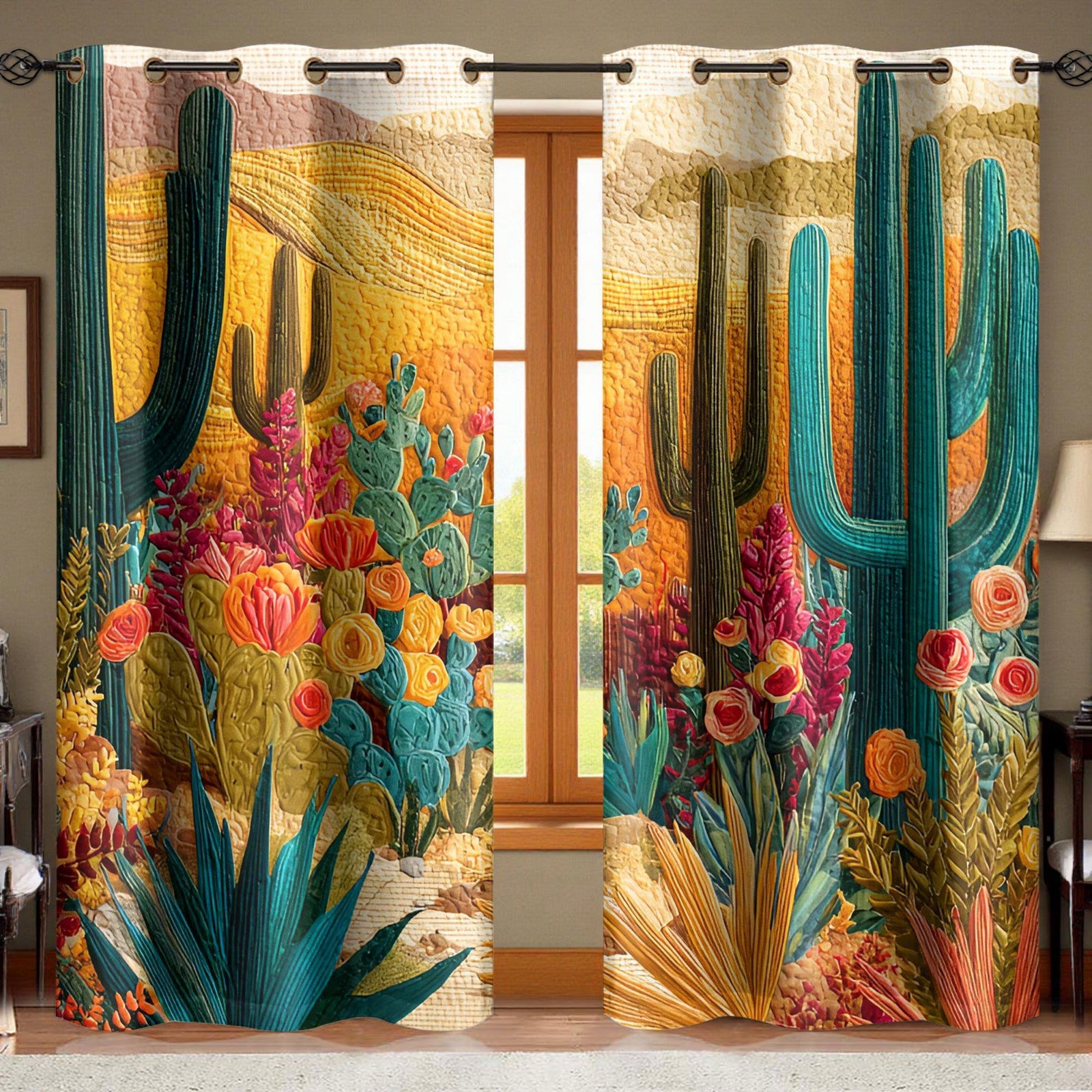 Southwest Desert Cactus Art Curtain Botanical Western Boho Rustic Window Decor