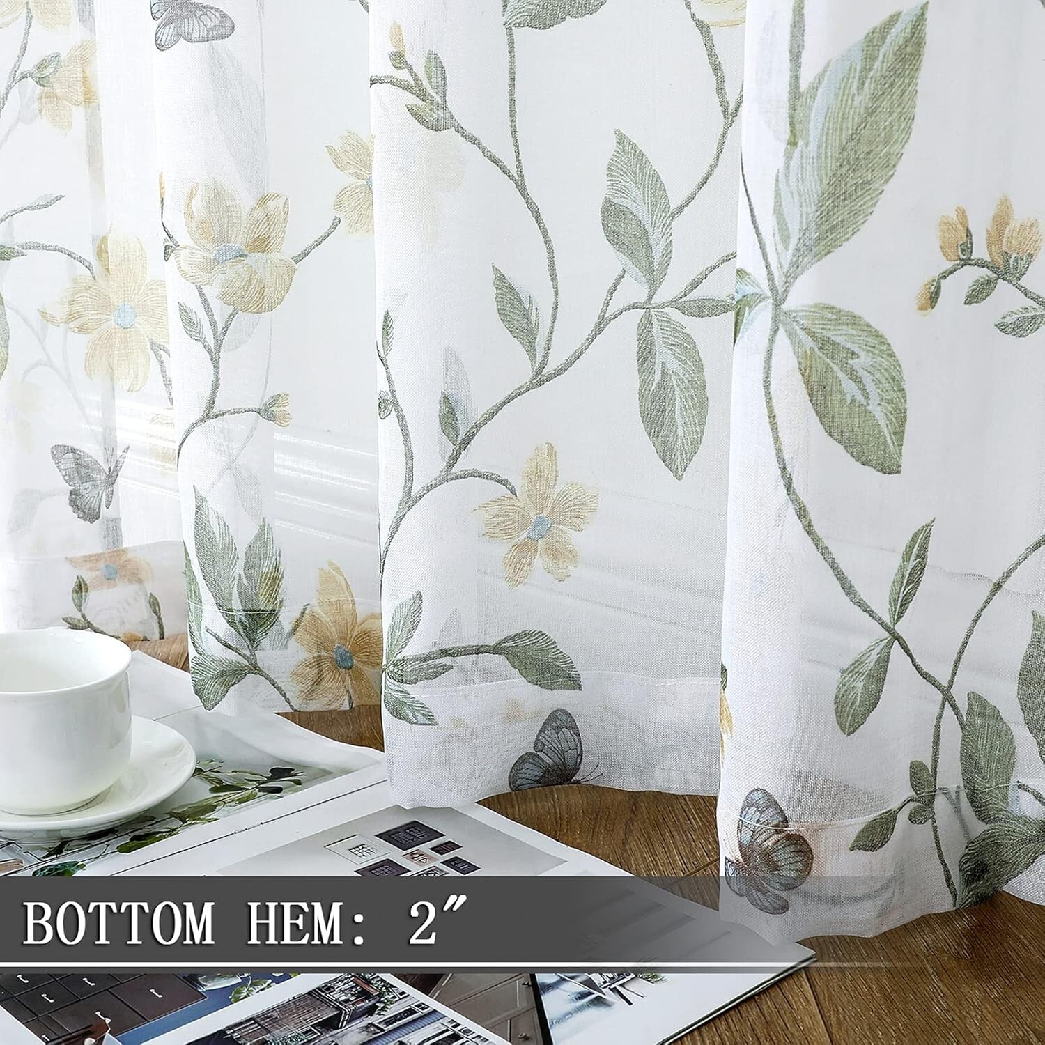 Sheer Floral Curtain Valance Yellow Flower Butterfly Printed Bedroom Curtain