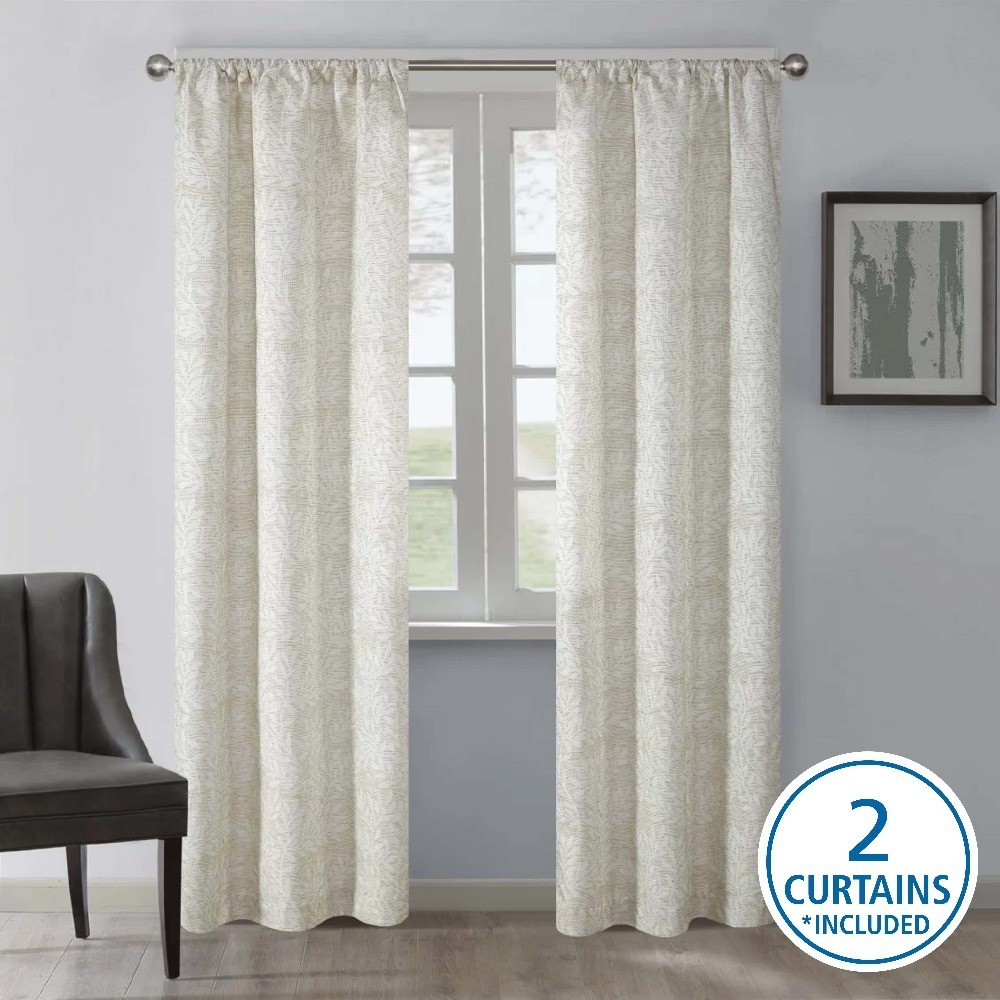Jacquard Blackout Panel Pair, Set of 2 Curtains, Beige Botanical, 37″ W x 84″ L