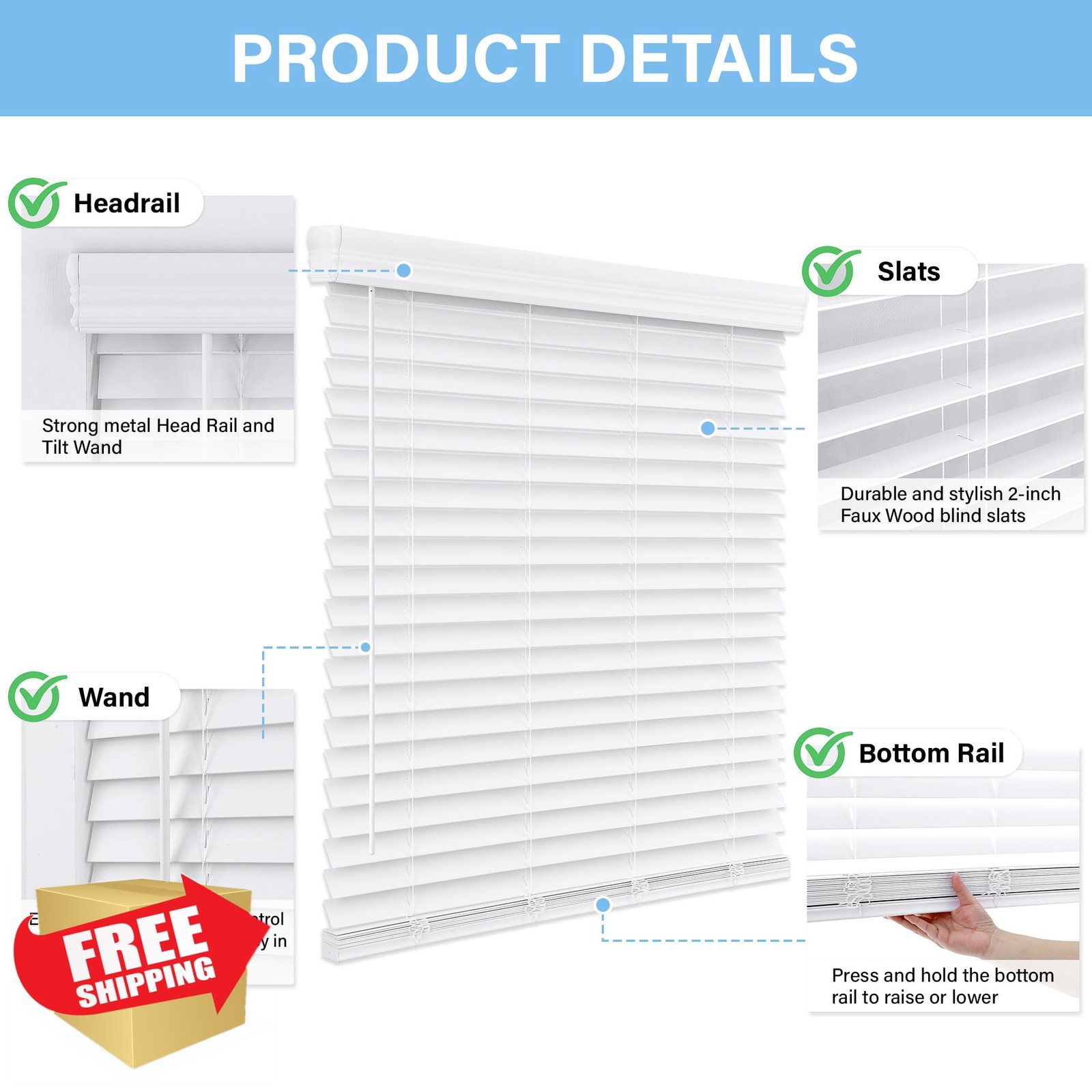 AOSKY 2″ Faux Wood Blind White 21″W x 60″H