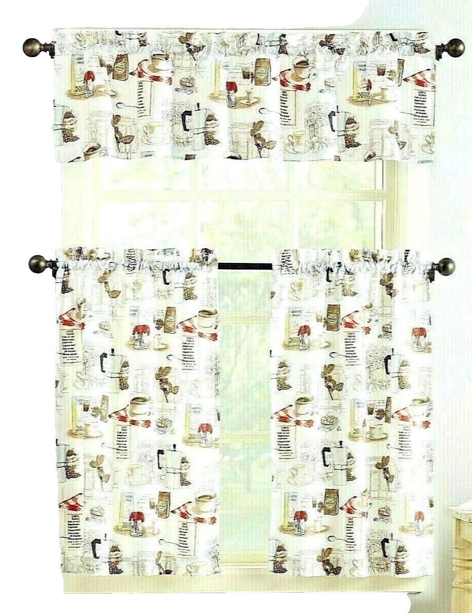 Coffee Shop Valance Tier Kitchen Curtain Set White Brown 54 x 36-in 3-pc NEW