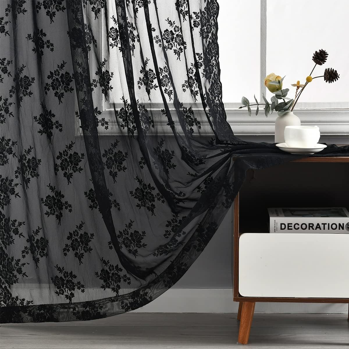 Black lace curtains, size: 52 inches × 72 inches, 2 pieces in total.