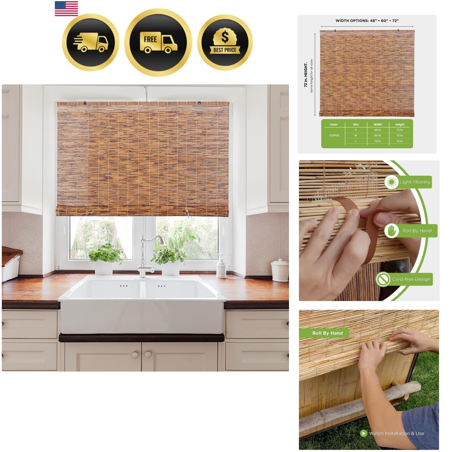 Light-Filtering Cord-Free Bamboo Reed Roll-Up Blind Shades for Windows Manual…