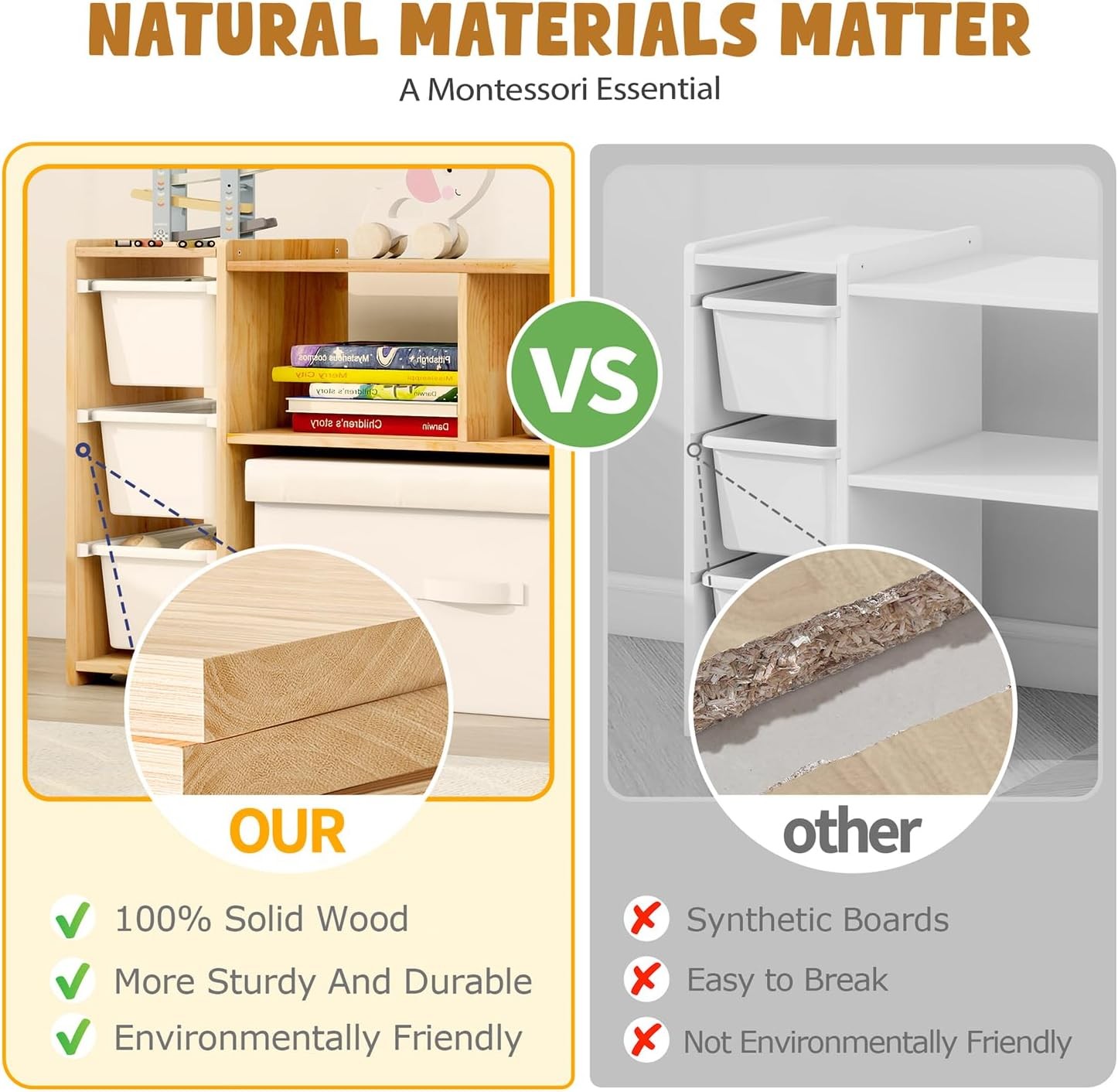 Montessori Shelf for Kids – 100% Solid Pine Wood with 6 Removable Plastic Bins,