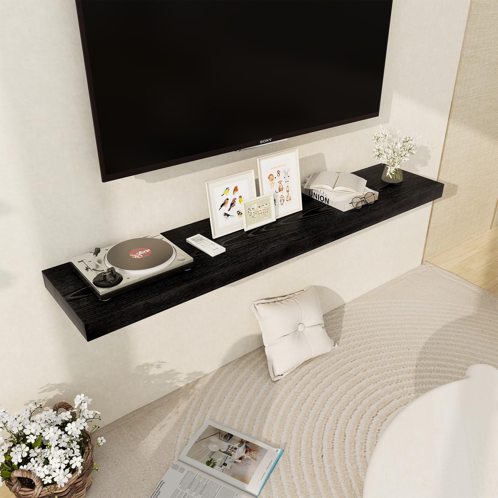 Black Floating Shelves 55 Inch Long, 12 Inch Deep Floating Shelves for Wall, …