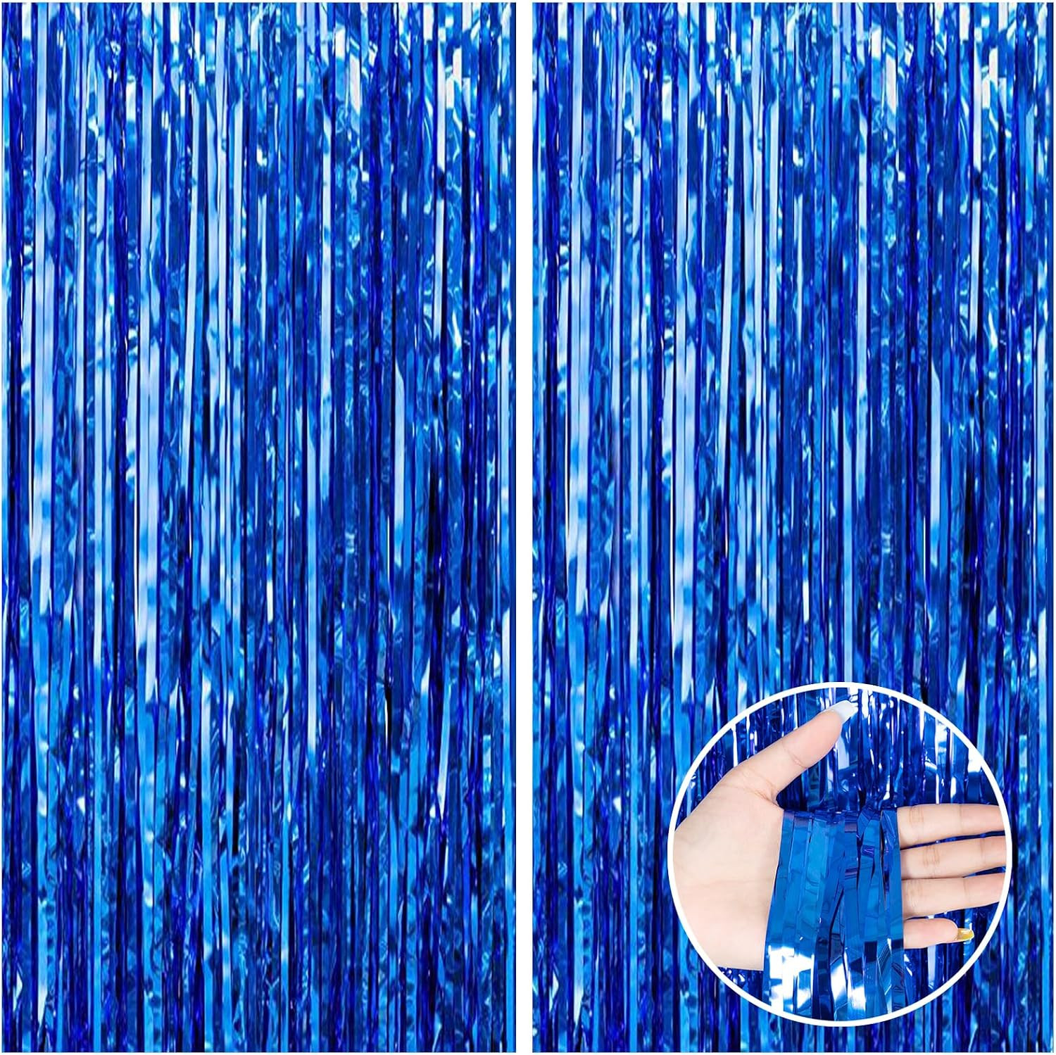 2 Pack 3.3X8.2 Feet Dark Blue Foil Fringe Backdrop Curtains, Tinsel Streamers fo