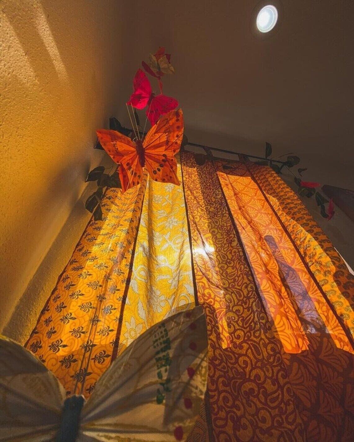 2 Pc Indian Sari Patchwork Curtain Drape Window Decor Yellow Silk Sari Curtain