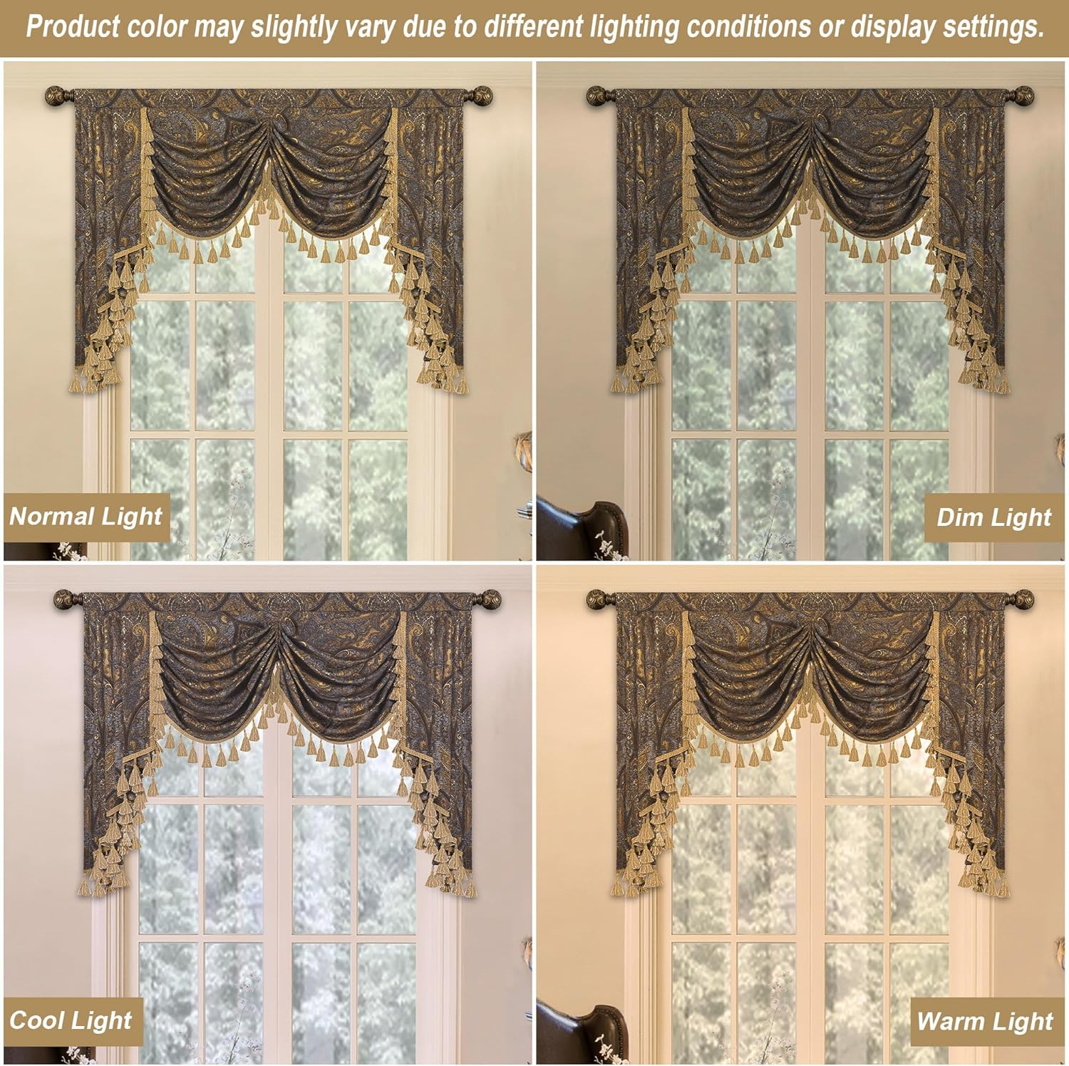 Luxury Jacquard Waterfall Valance for Living Room, Classic Antique Swag Window V