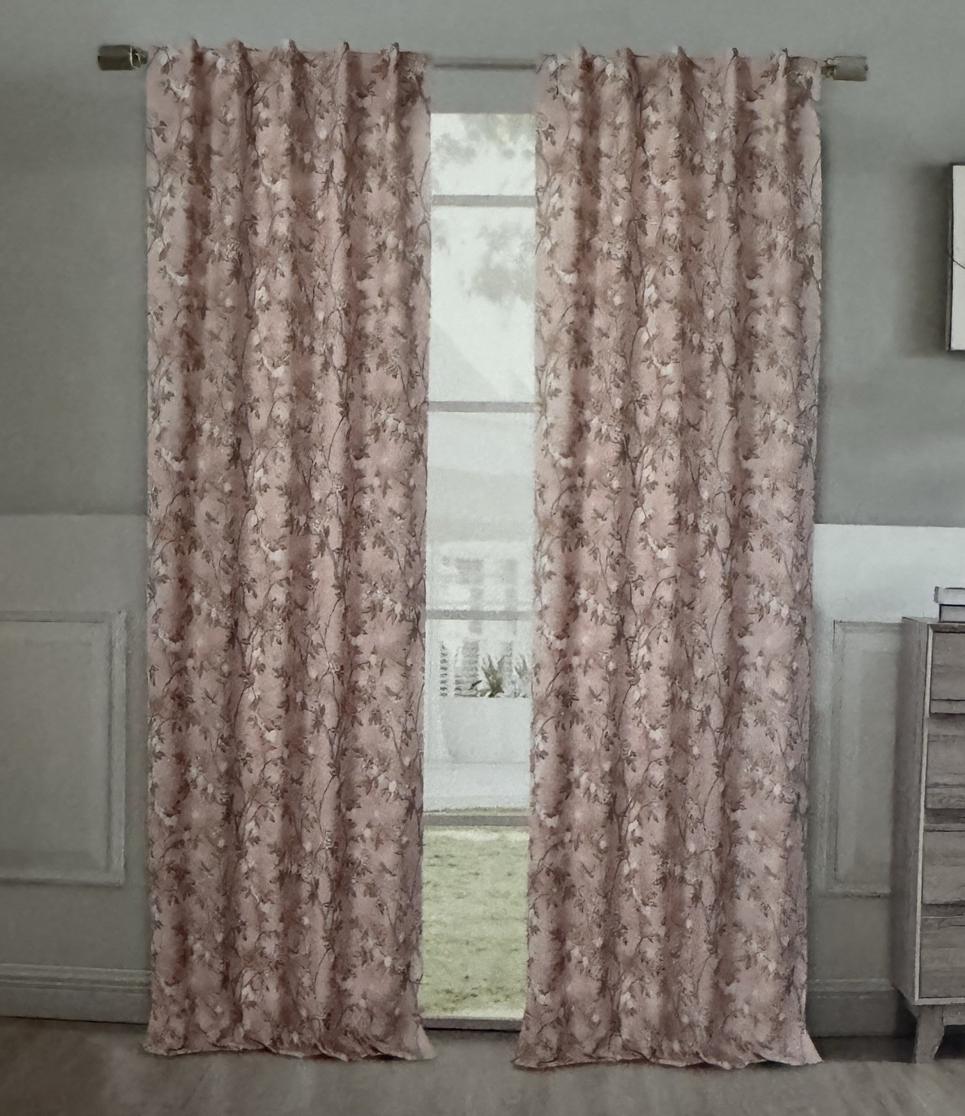 NIP Laura Ashley Window Curtains 2 Panels 38 x 84 Birds Rose Pink Brown Back Tab